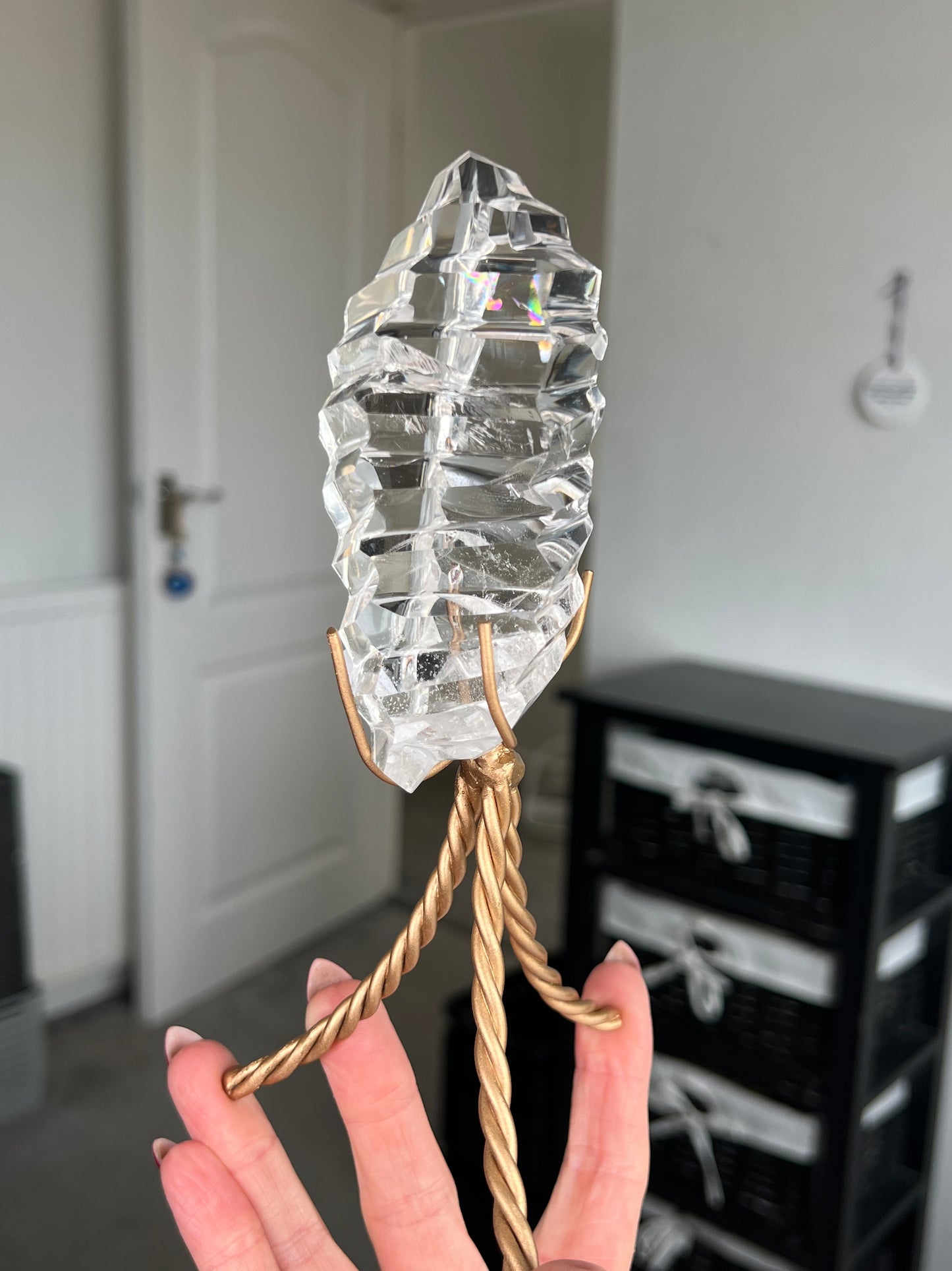 High Grade Brazilian Clear Quartz Sculpture On Gold Twisty Stand