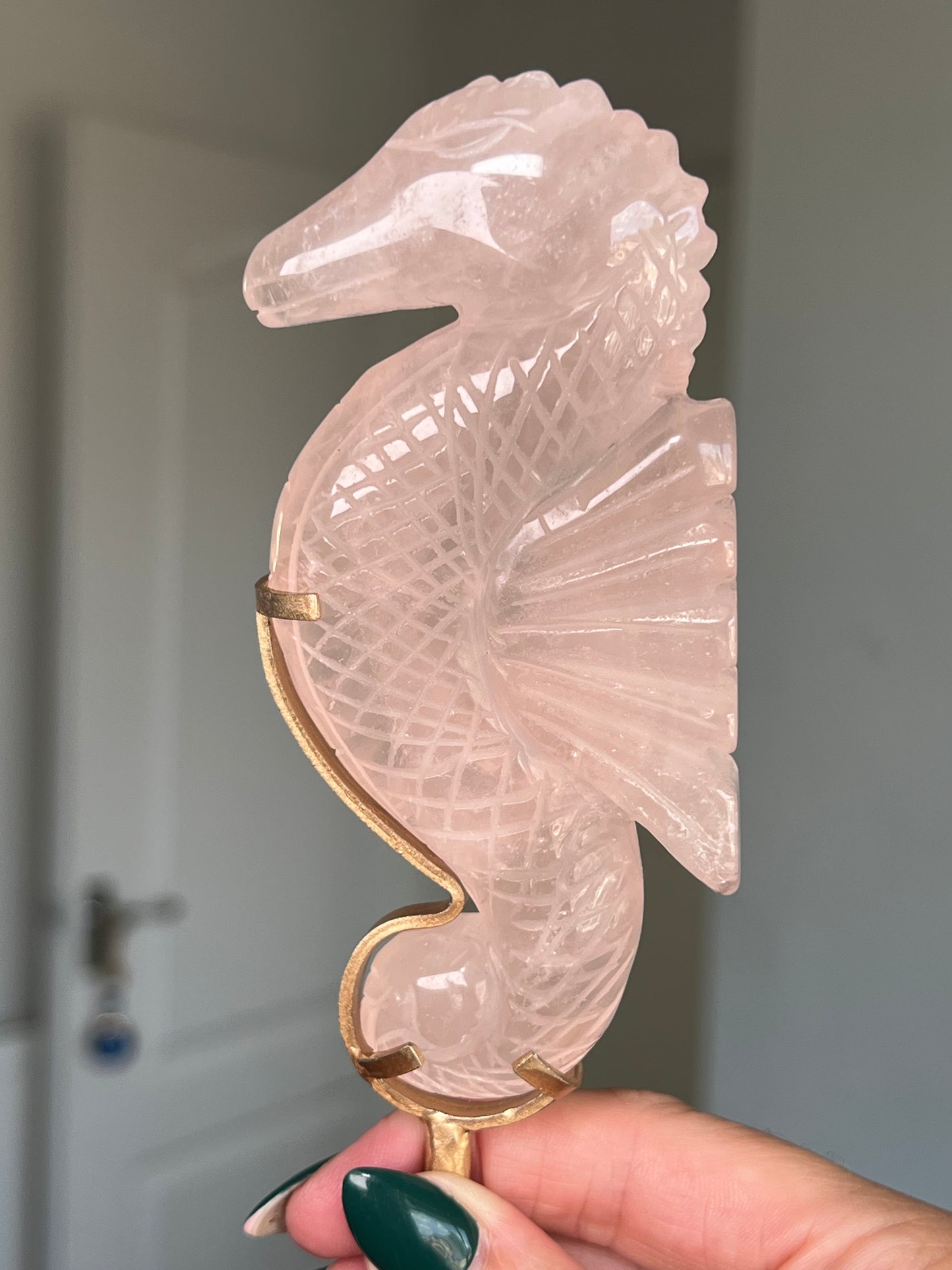 Rose Quartz Seahorse On Gold Stand