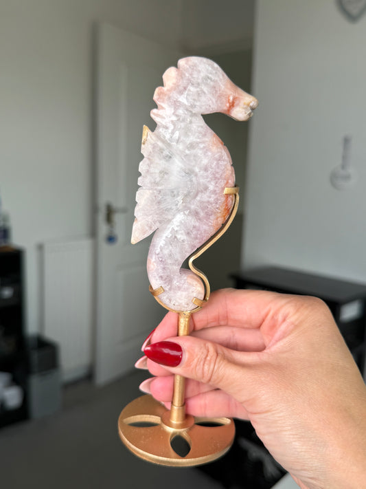 Flower Agate Seahorse On Gold Stand