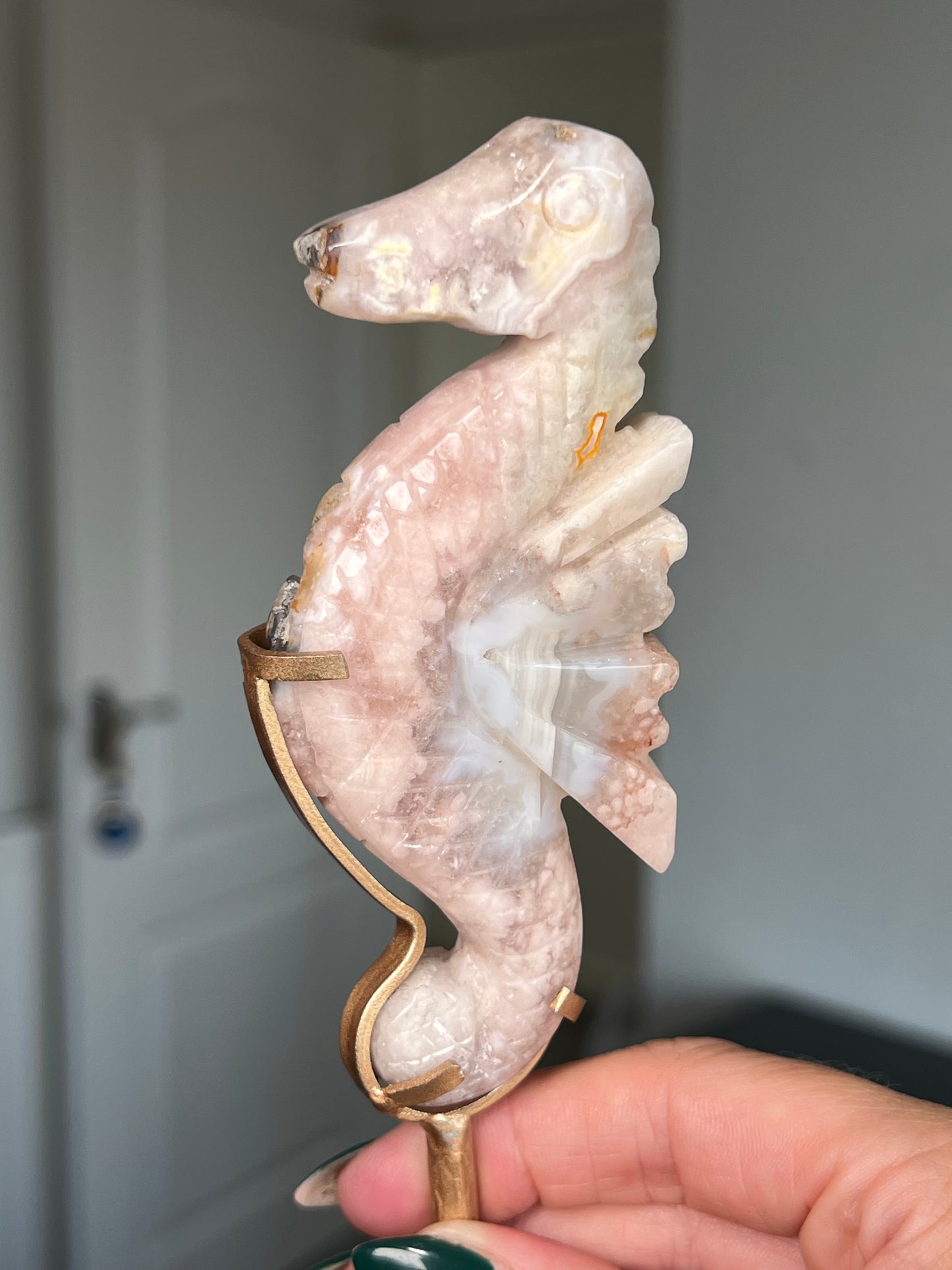 Flower Agate Seahorse On Gold Stand