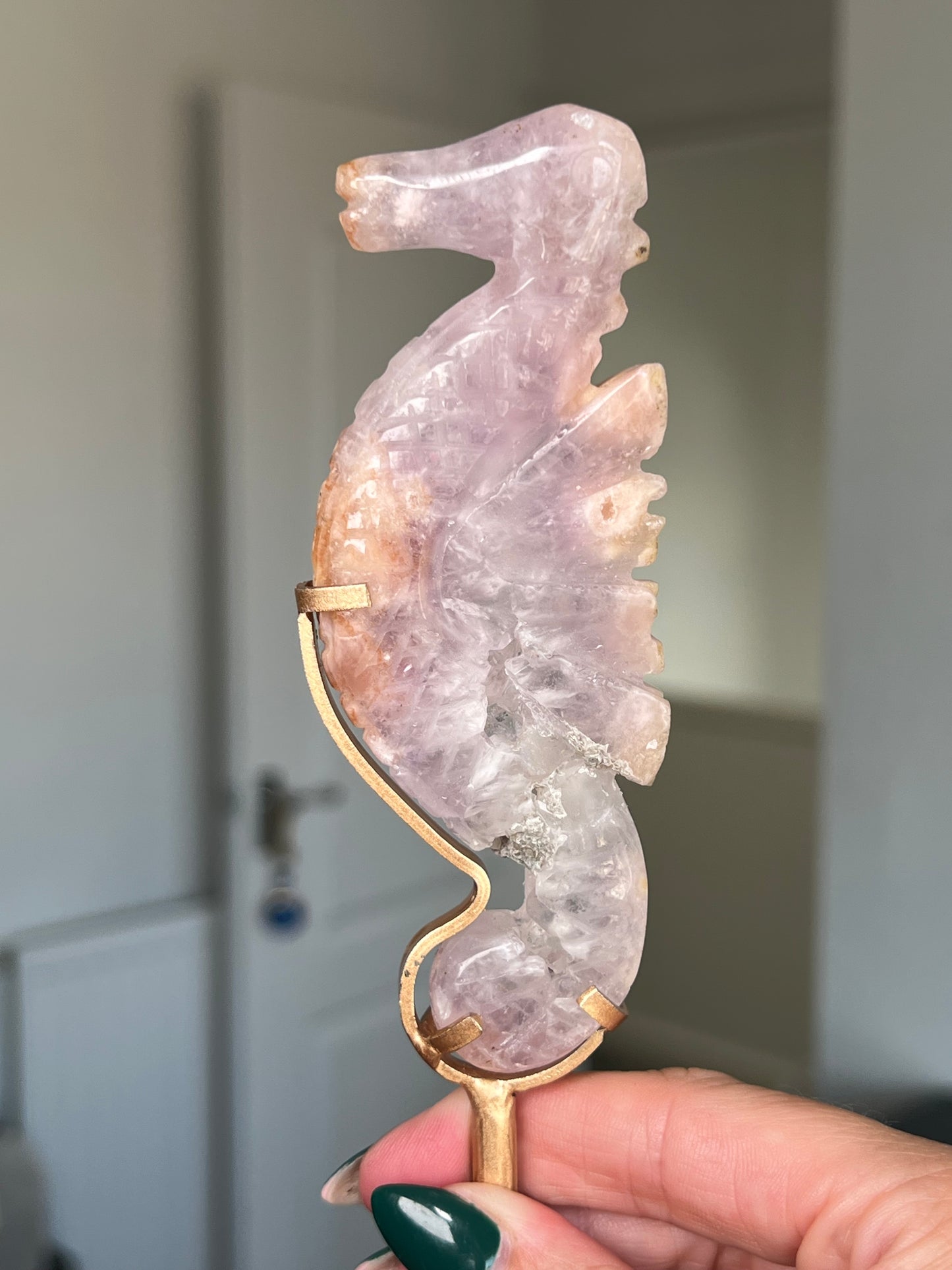Flower Agate Seahorse On Gold Stand