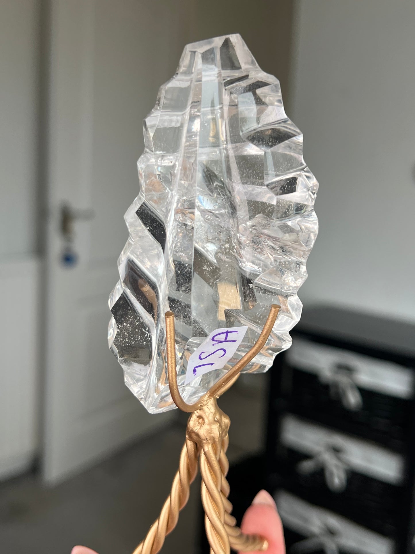 High Grade Brazilian Clear Quartz Sculpture On Gold Twisty Stand