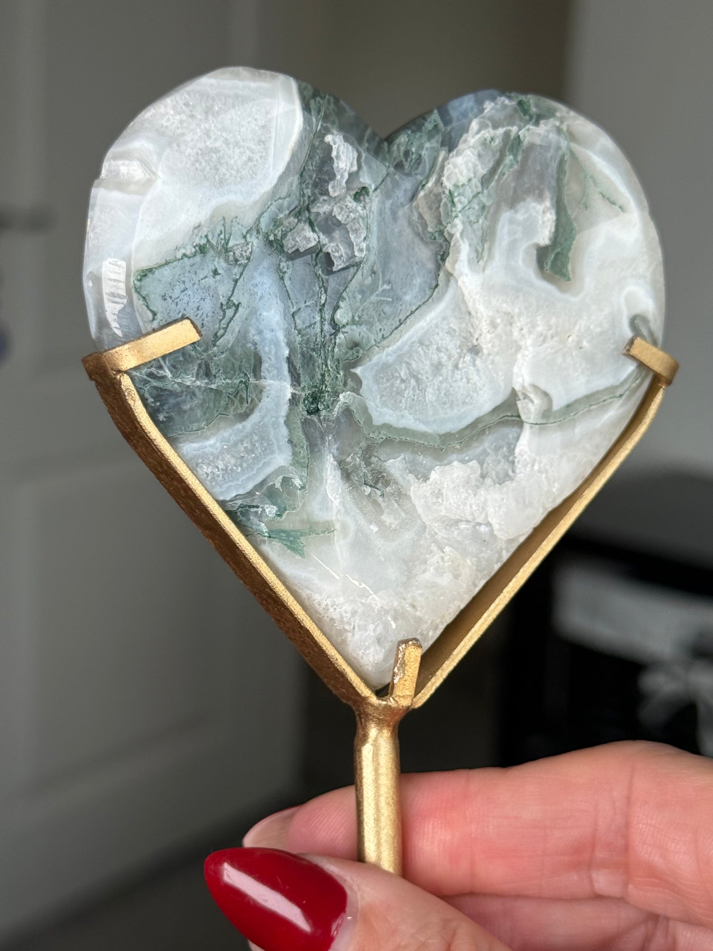 Moss Agate Heart On Gold Stand