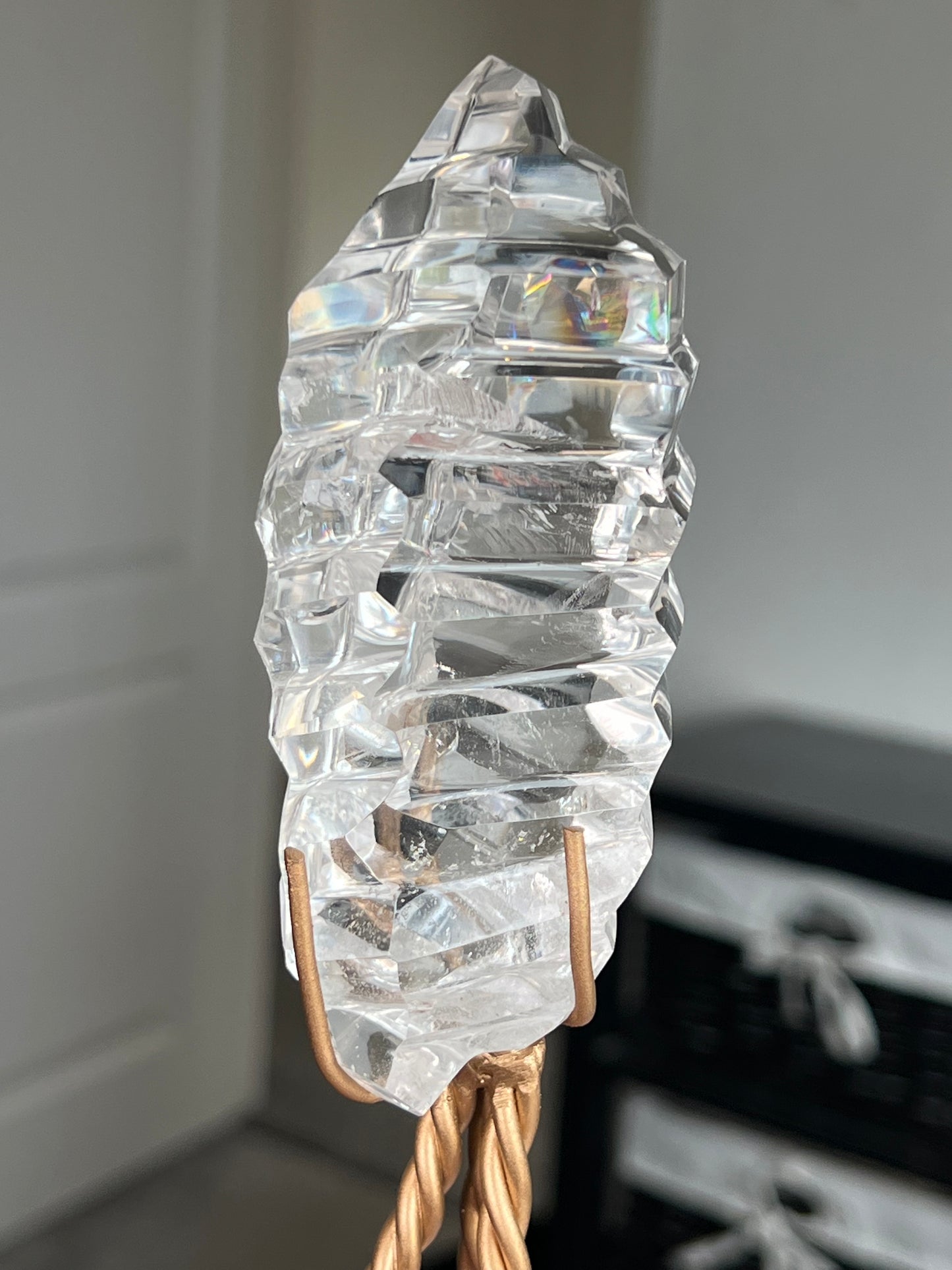 High Grade Brazilian Clear Quartz Sculpture On Gold Twisty Stand