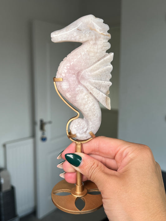 Pink Amethyst Seahorse On Gold Stand
