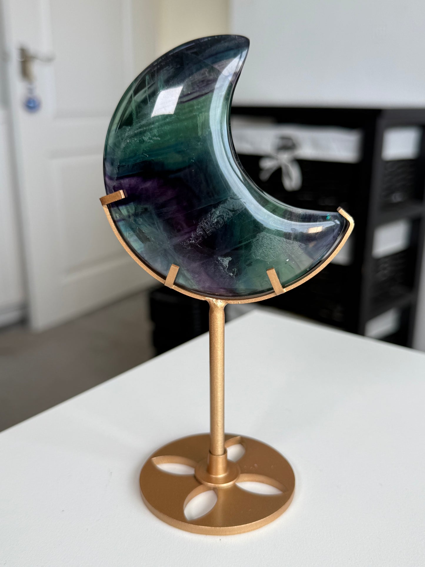 Fluorite Moon On Gold Stand