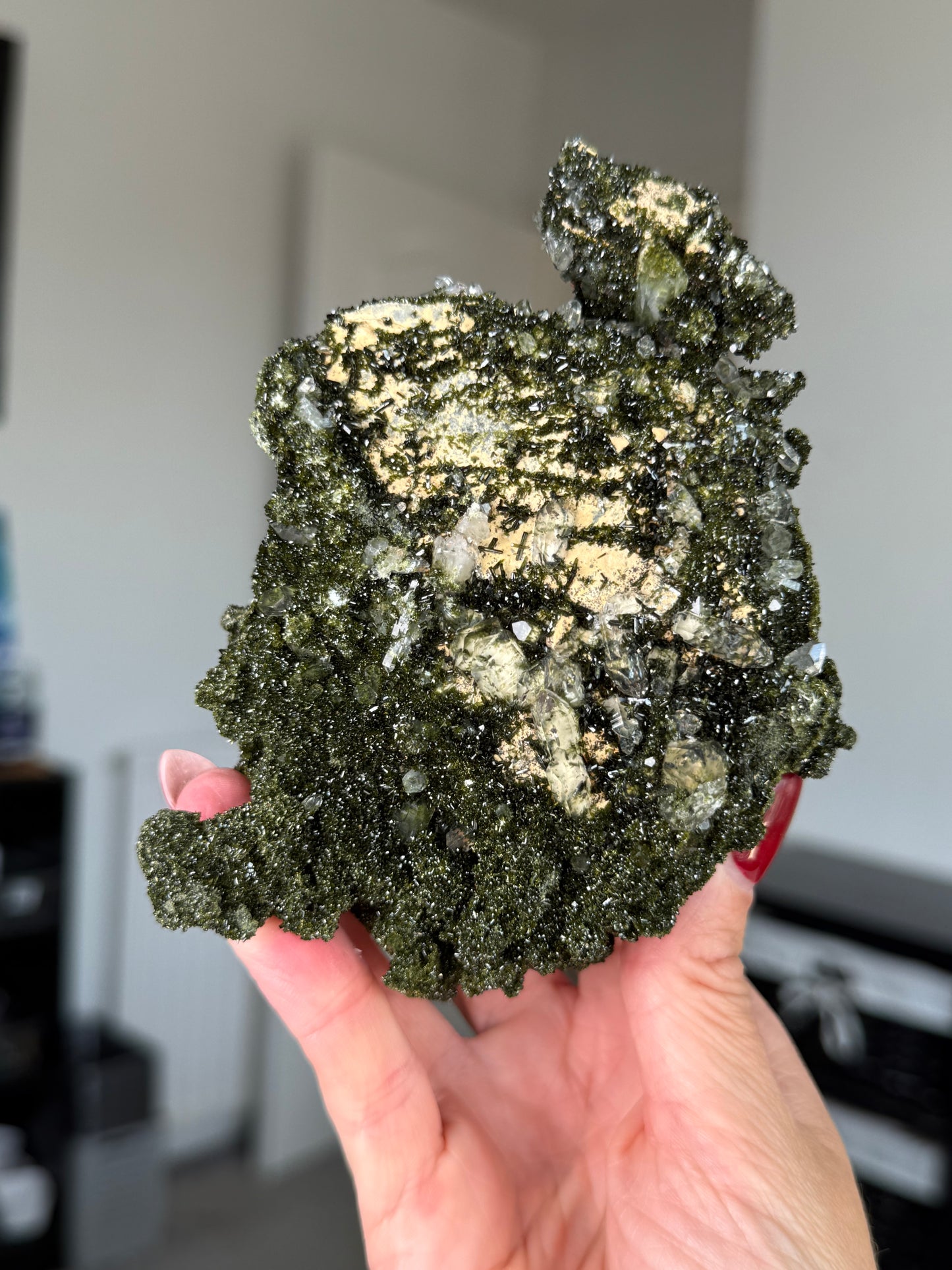 Large Epidote With Quartz Specimen With Stand