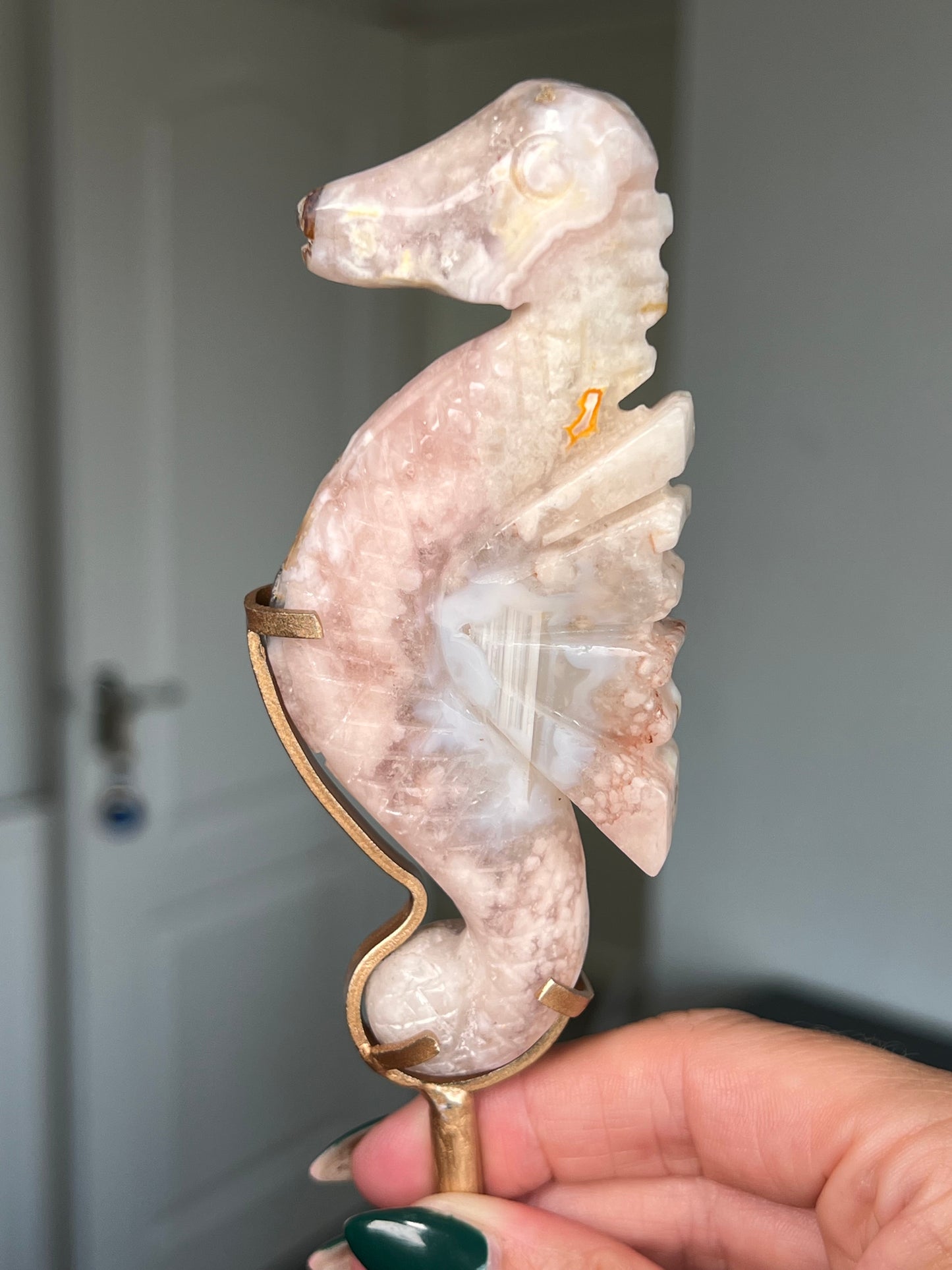 Flower Agate Seahorse On Gold Stand