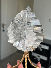 Load image into Gallery viewer, High Grade Brazilian Clear Quartz Sculpture On Gold Twisty Stand
