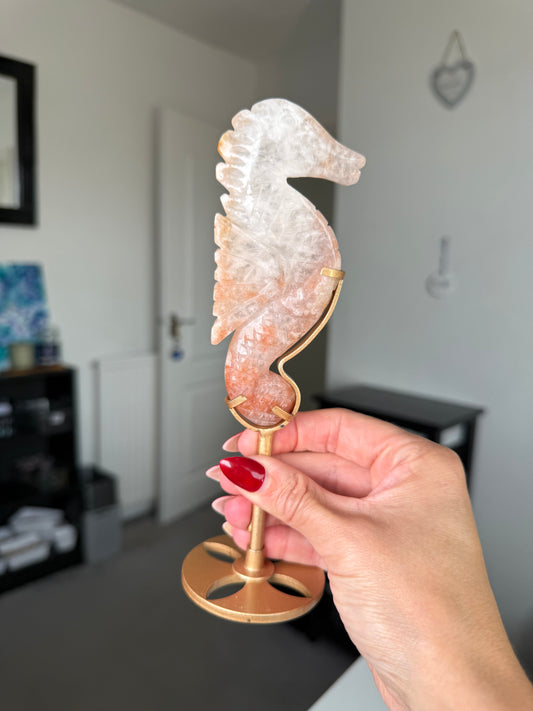 Flower Agate Seahorse On Gold Stand
