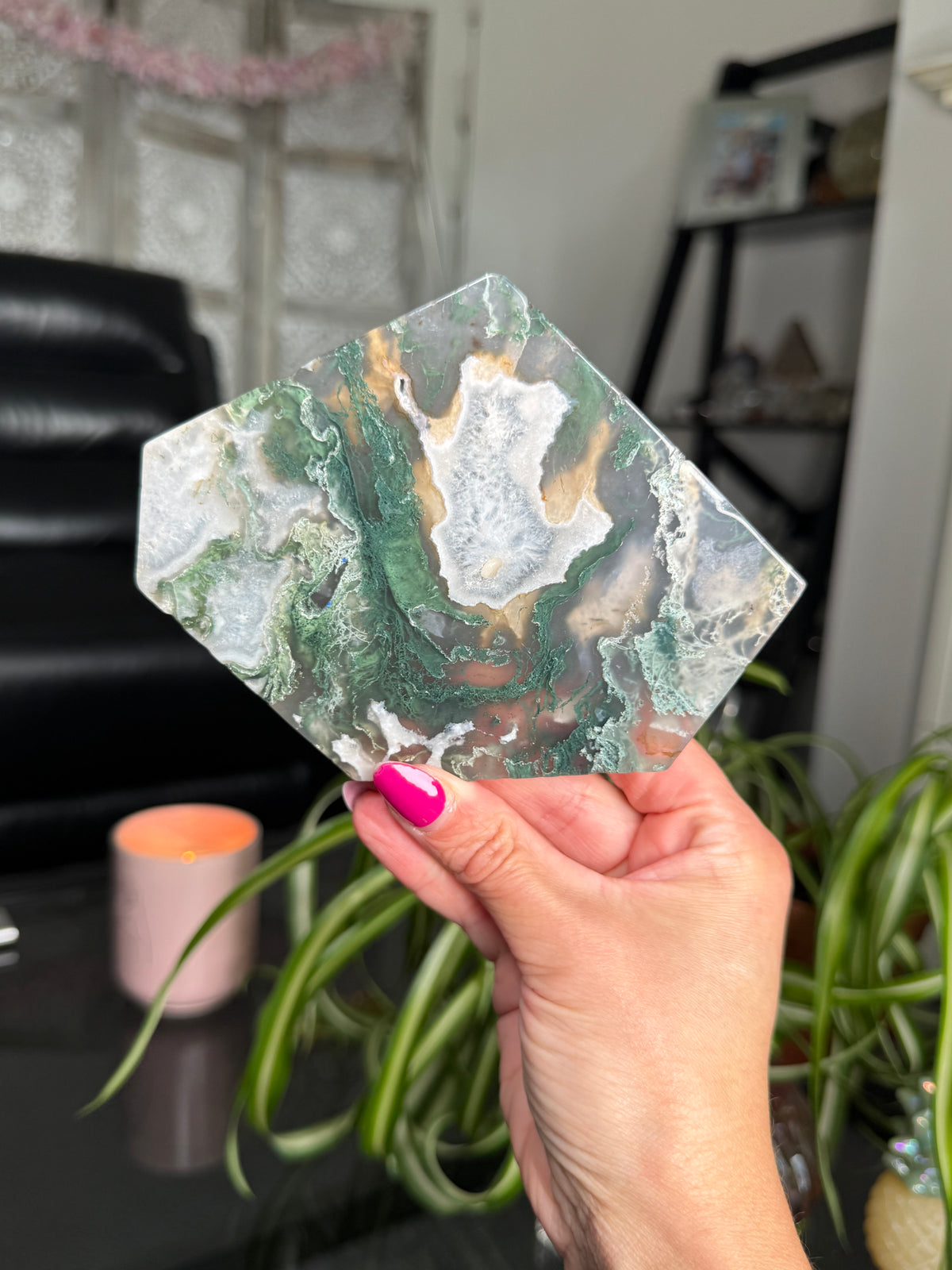 Moss Agate Slice With Stand