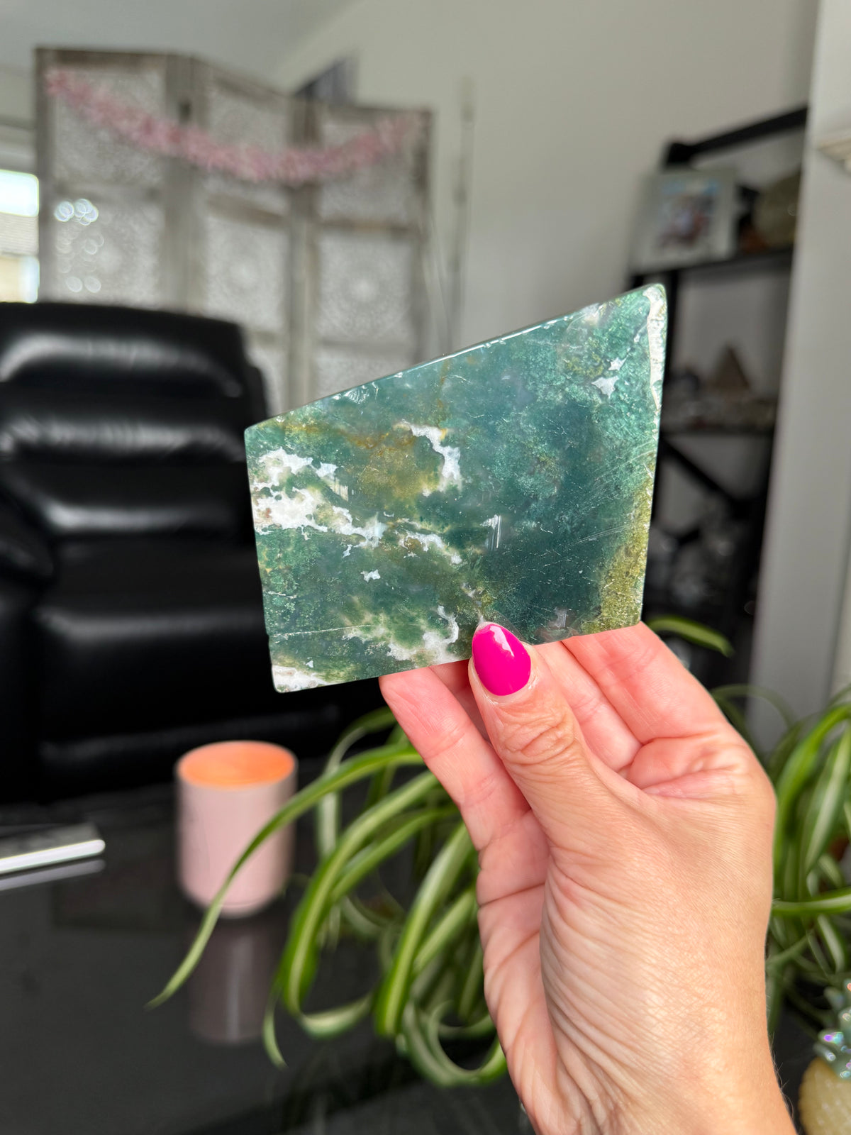 Moss Agate Slice With Stand