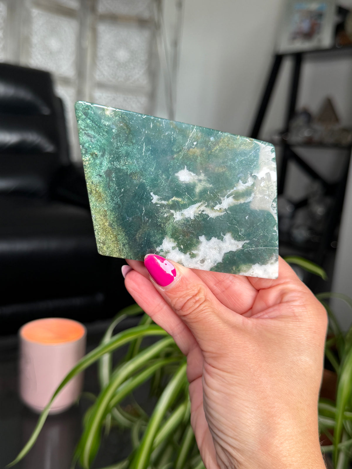 Moss Agate Slice With Stand