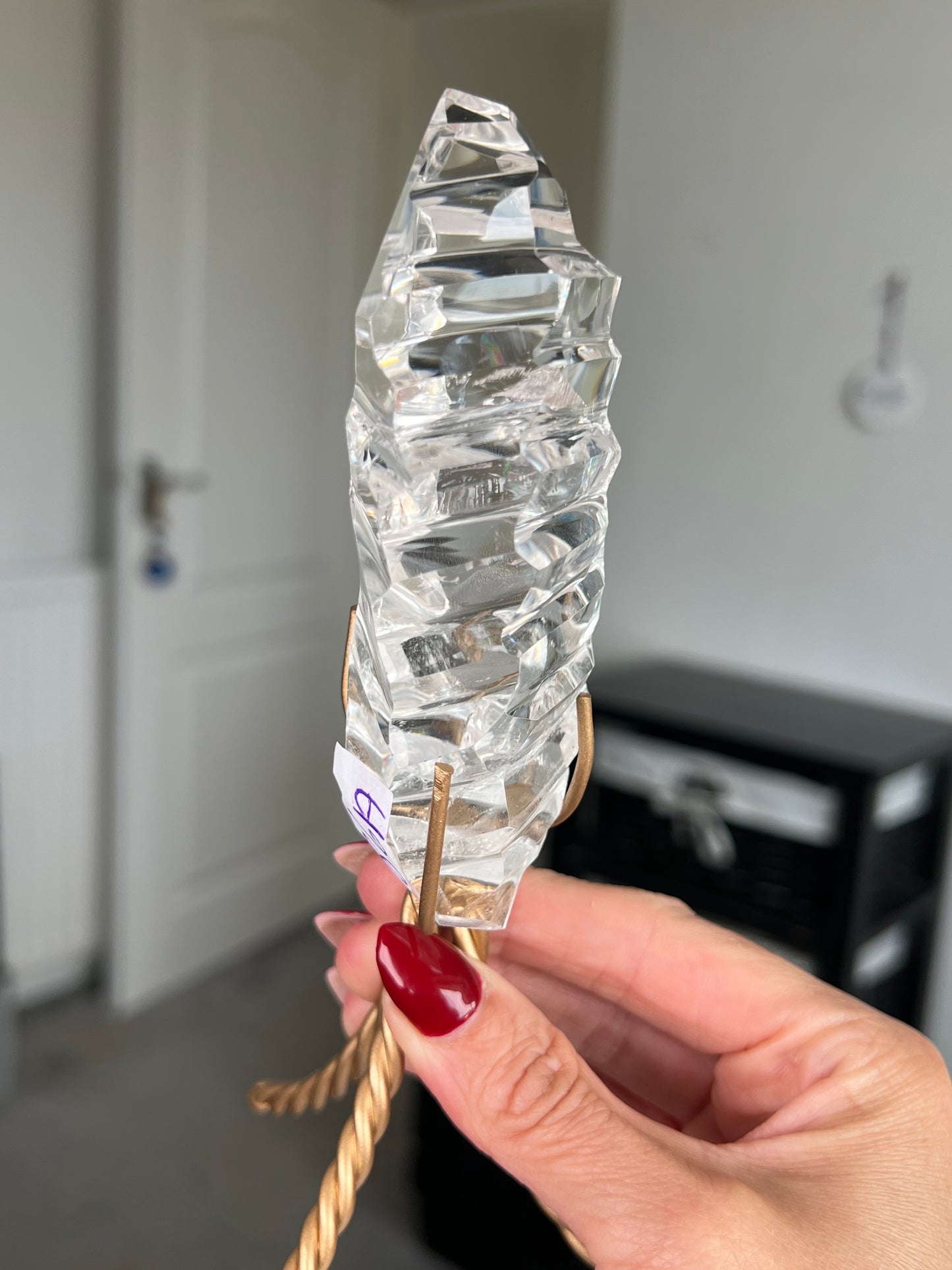 High Grade Brazilian Clear Quartz Sculpture On Gold Twisty Stand