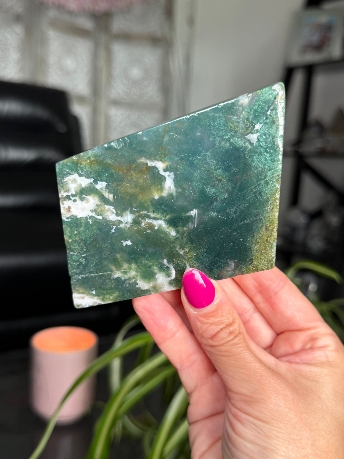 Moss Agate Slice With Stand