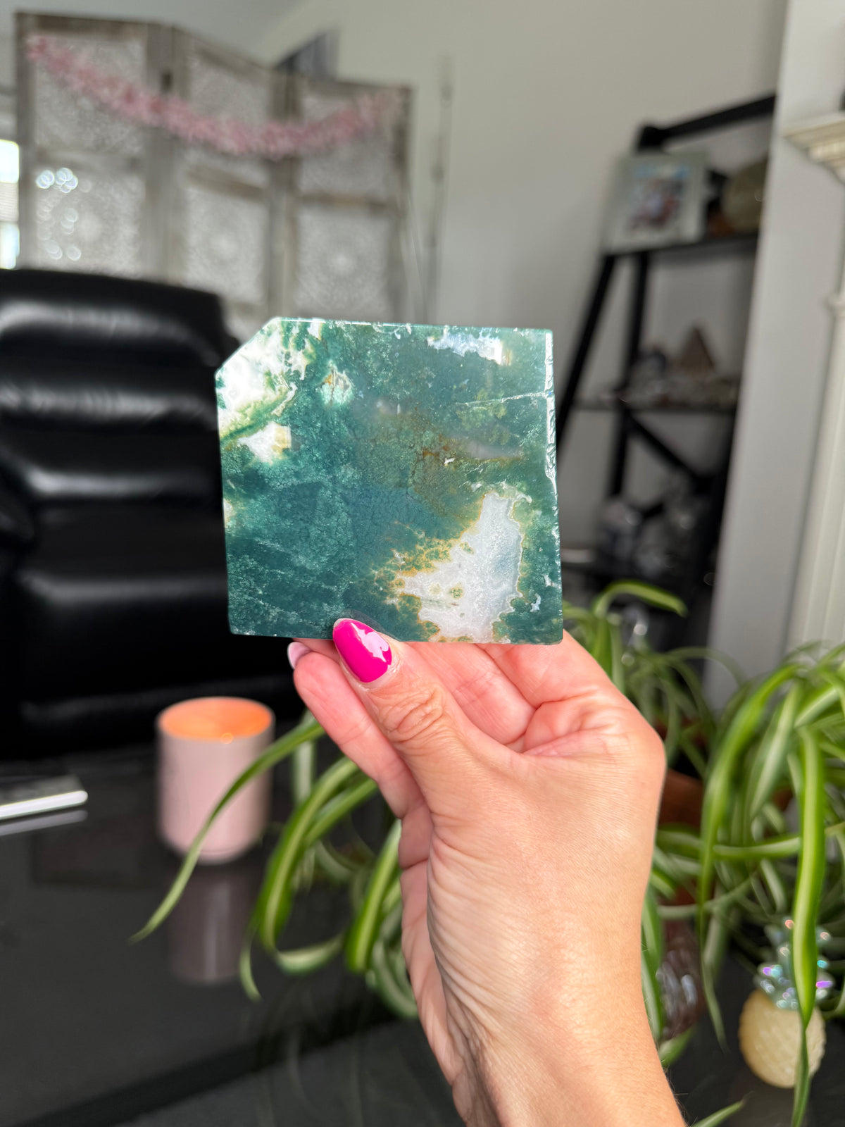 Moss Agate Slice With Stand