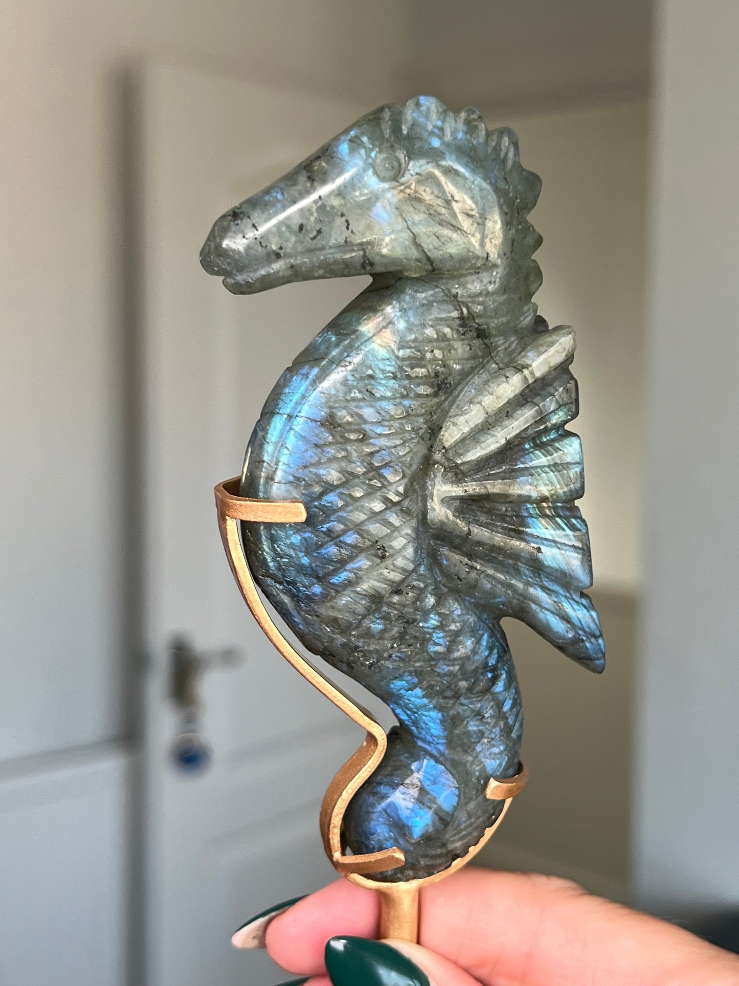 Labradorite Seahorse On Gold Stand
