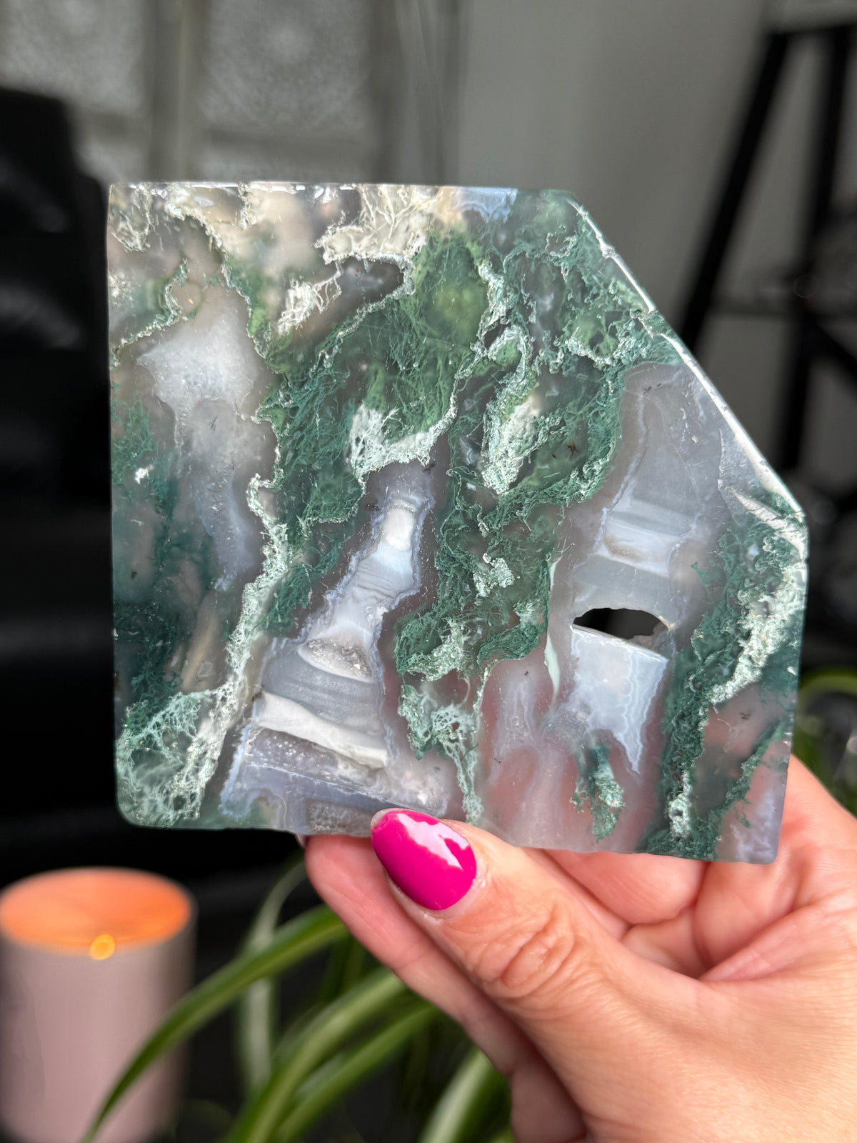 Moss Agate Slice With Stand