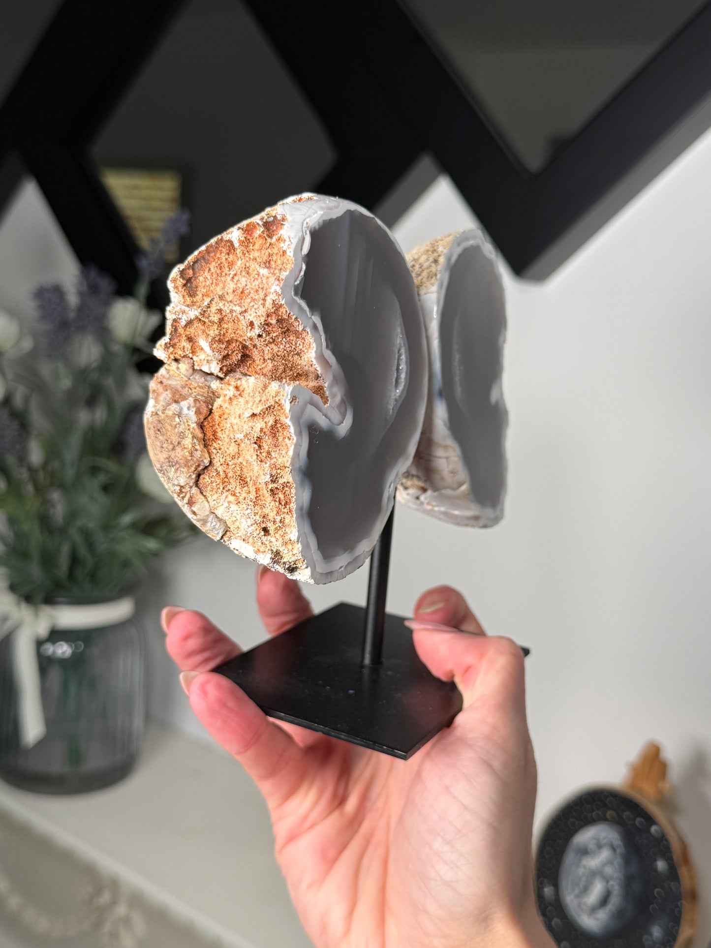Agate Geode Wings On Black Stand