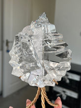 Load image into Gallery viewer, High Grade Brazilian Clear Quartz Sculpture On Gold Twisty Stand
