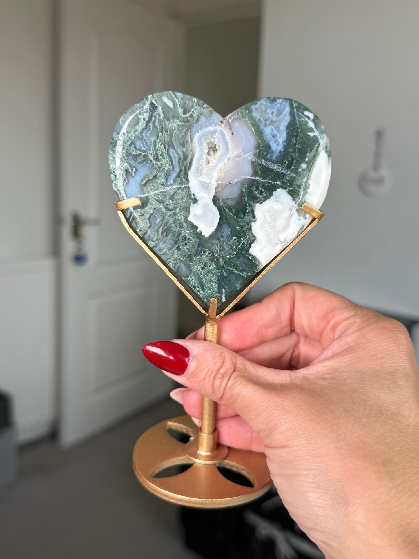 Moss Agate Heart On Gold Stand