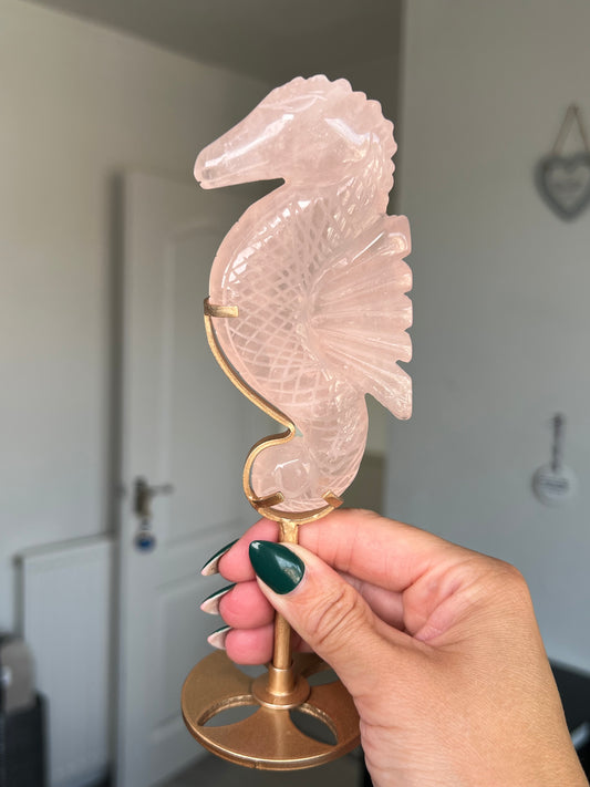 Rose Quartz Seahorse On Gold Stand