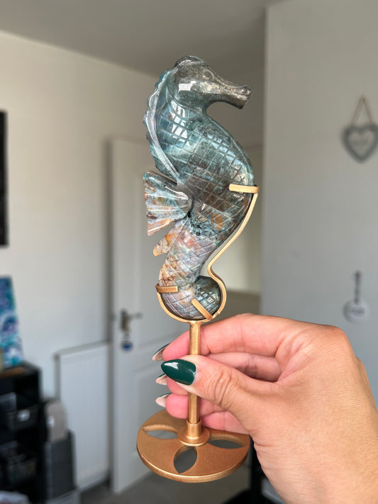 Ocean Jasper Seahorse On Gold Stand