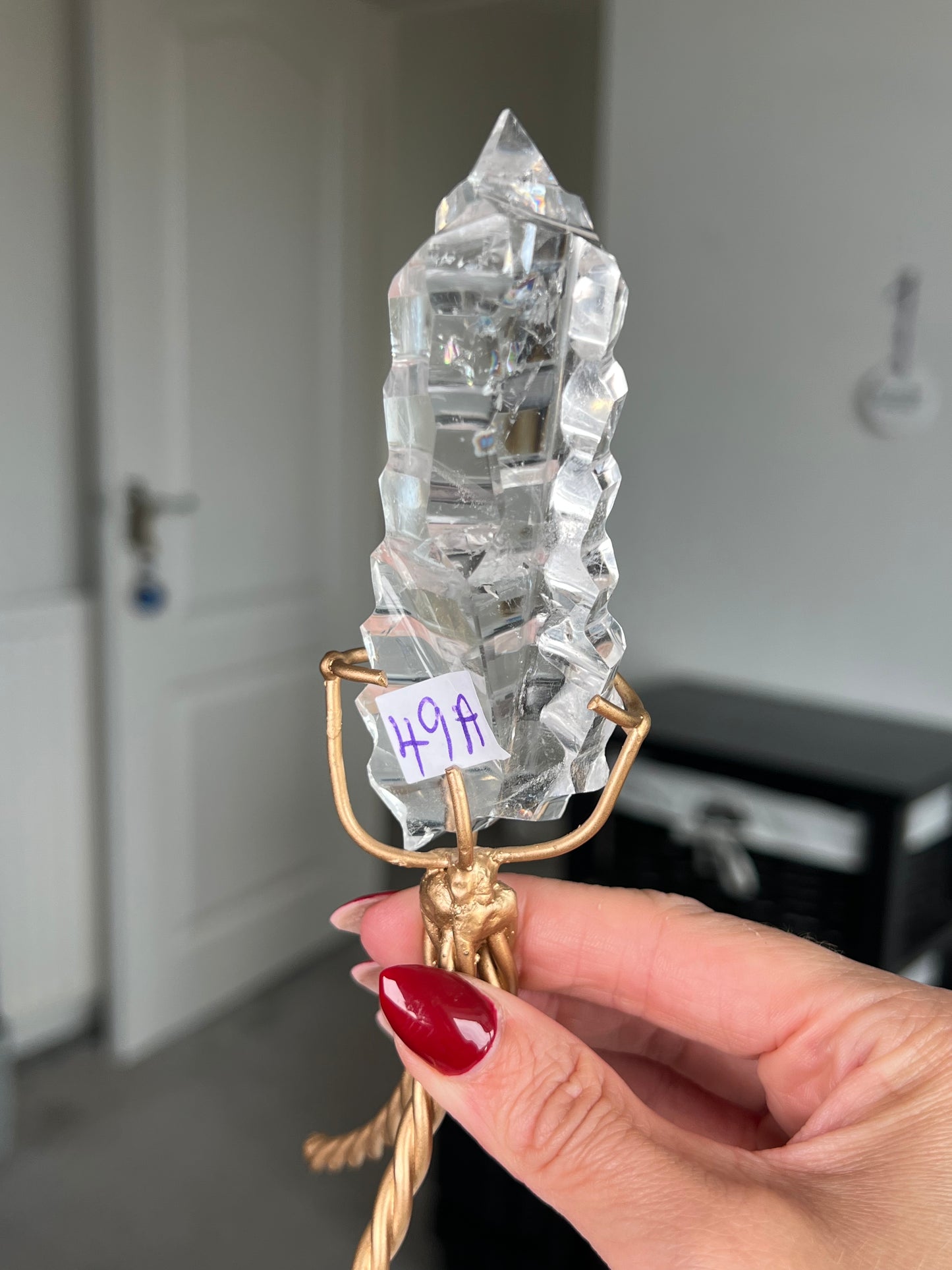 High Grade Brazilian Clear Quartz Sculpture On Gold Twisty Stand
