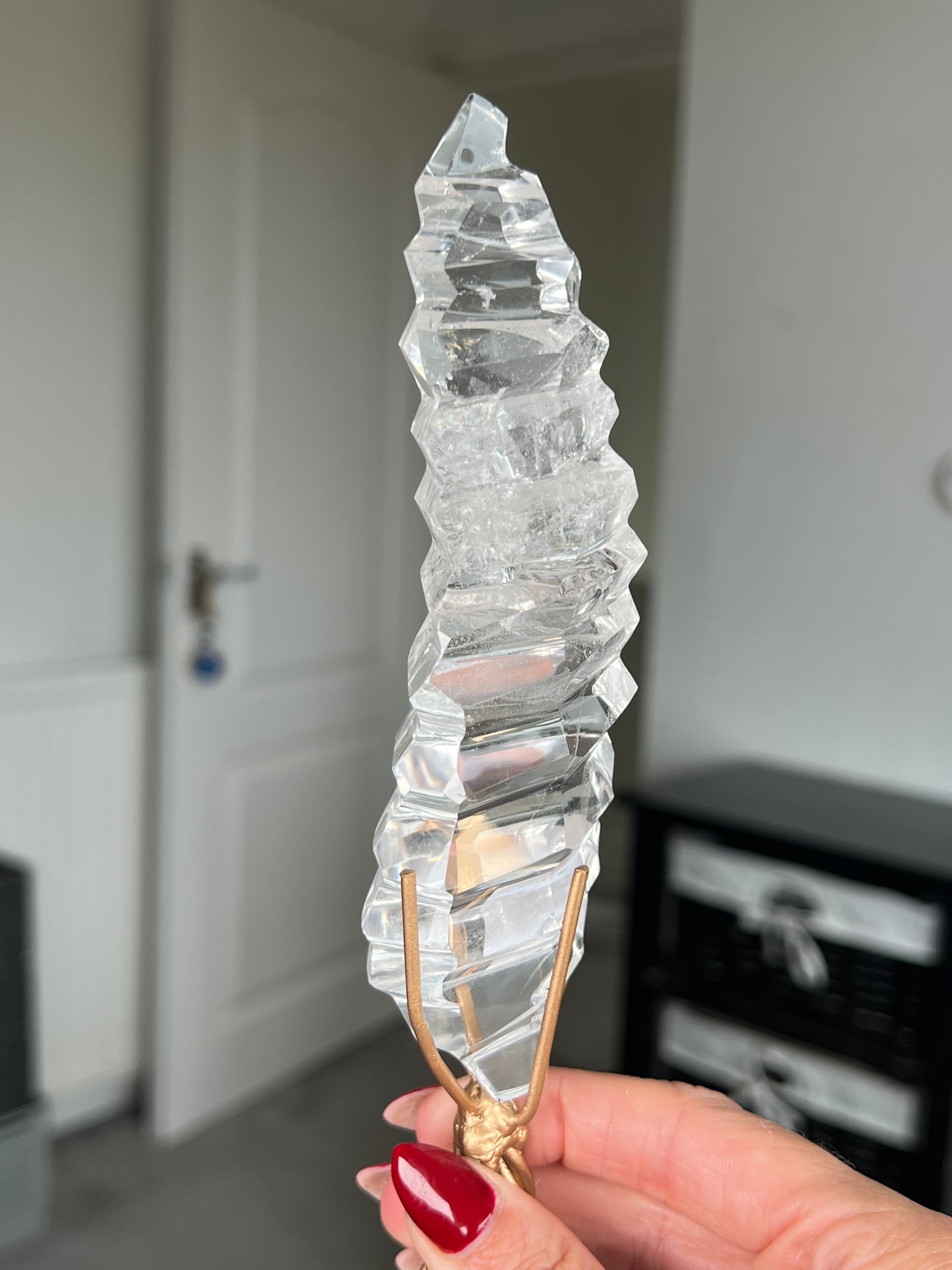 High Grade Brazilian Clear Quartz Sculpture On Gold Twisty Stand
