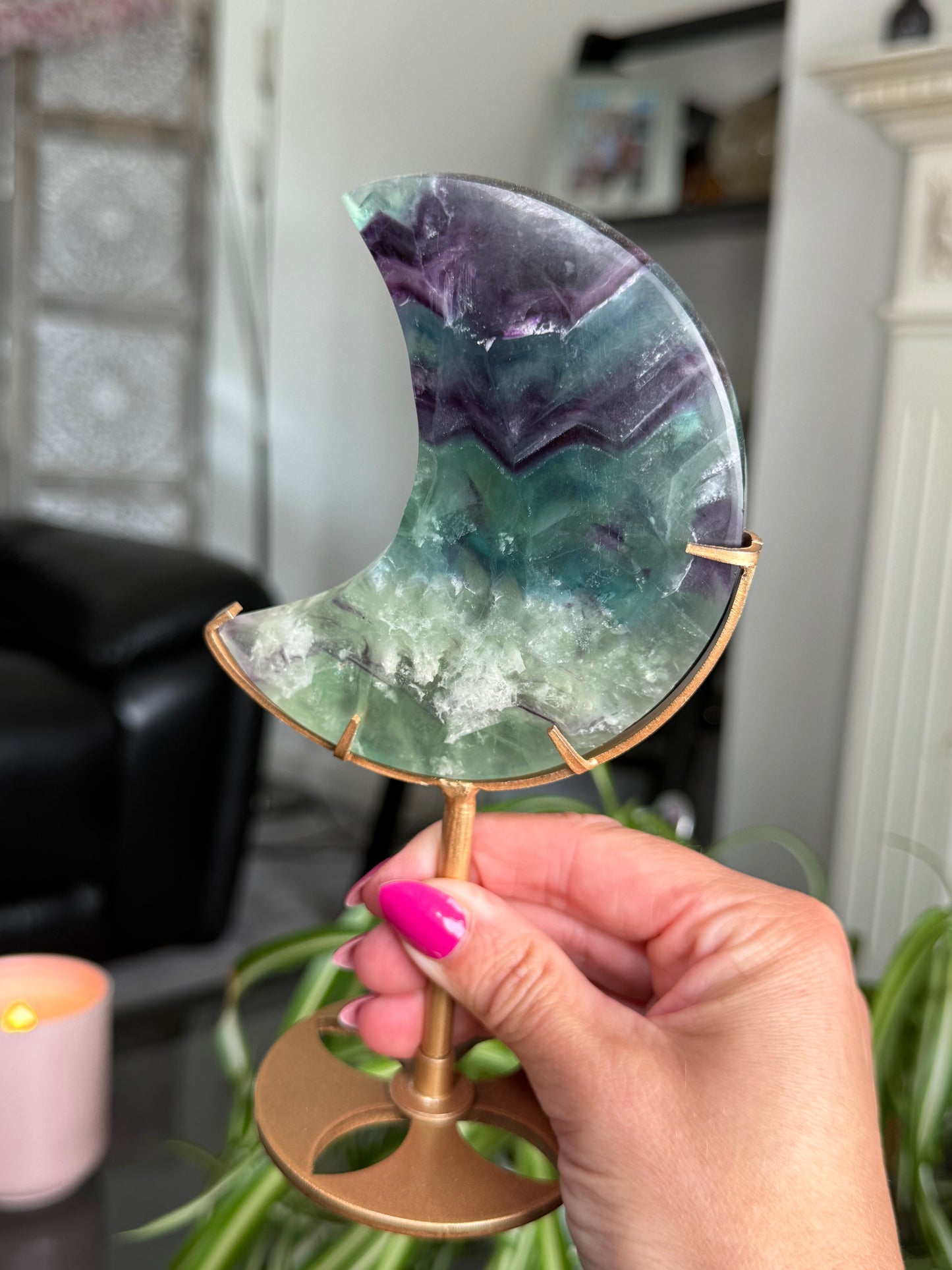 Purple & Green Fluorite Moon On Stand