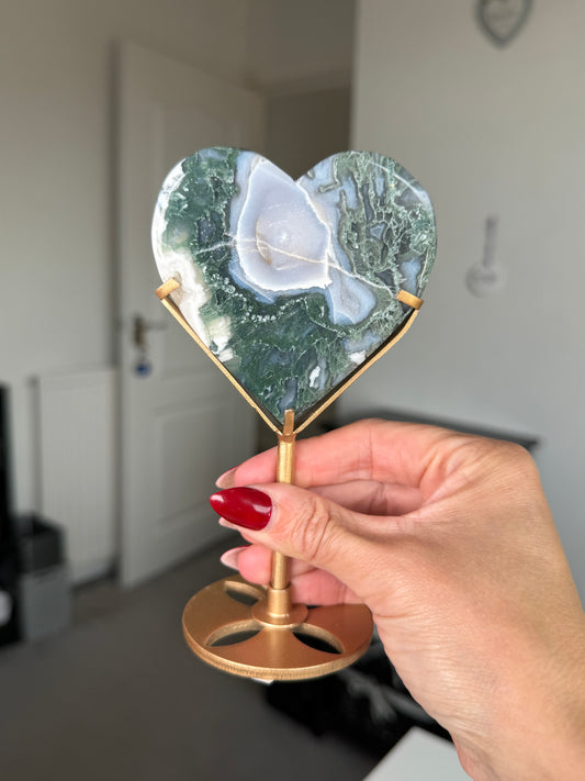 Moss Agate Heart On Gold Stand