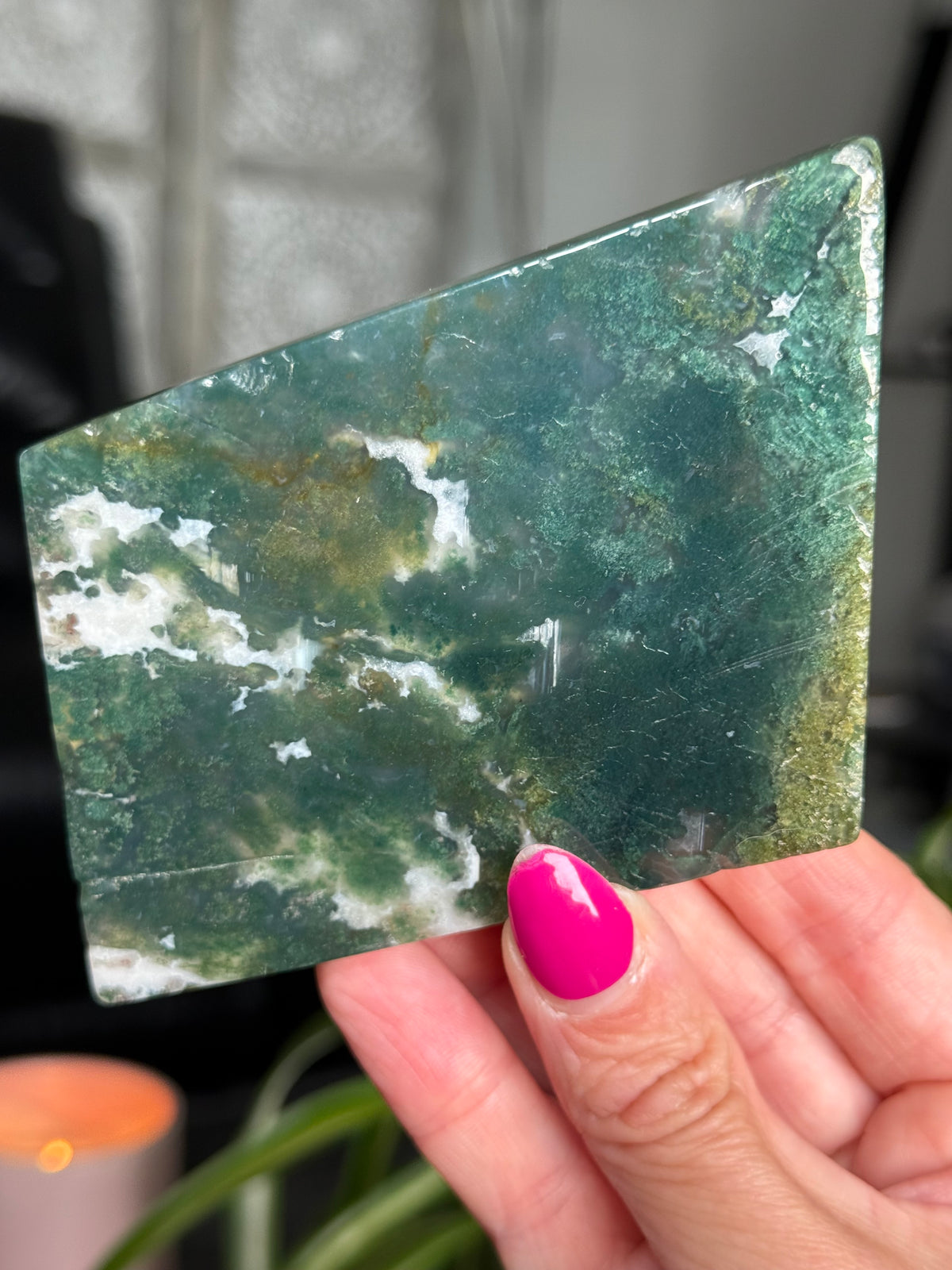 Moss Agate Slice With Stand