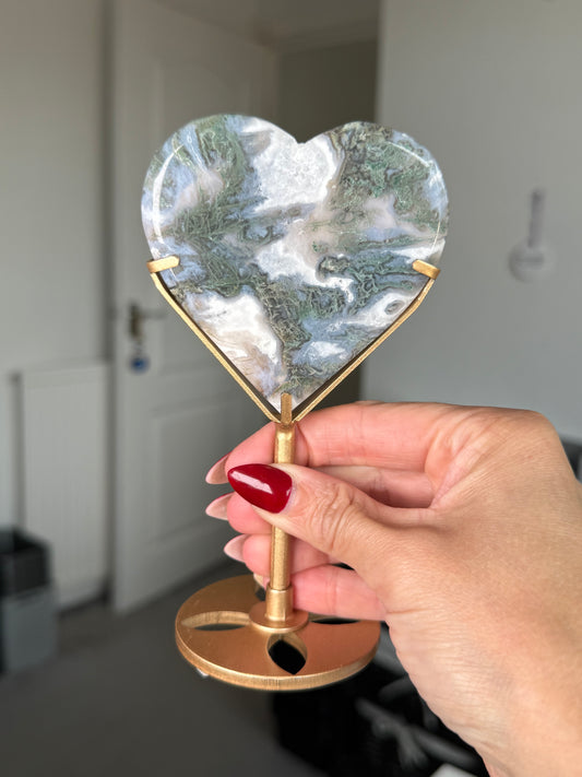 Moss Agate Heart On Gold Stand