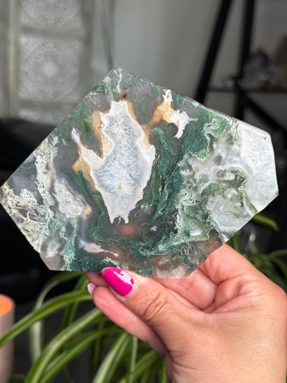Moss Agate Slice With Stand