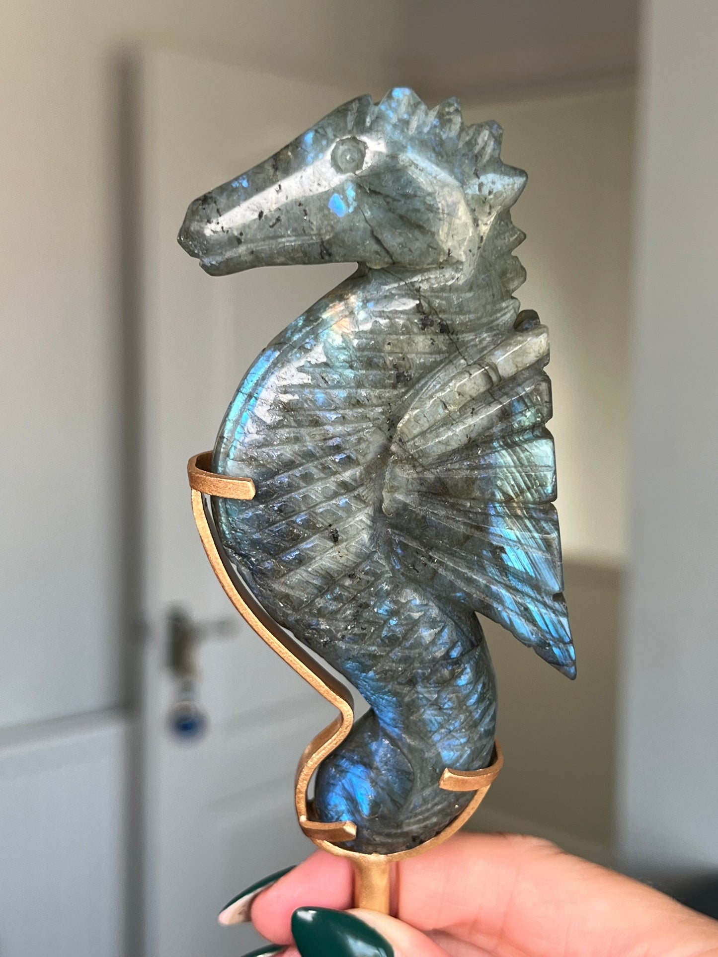 Labradorite Seahorse On Gold Stand