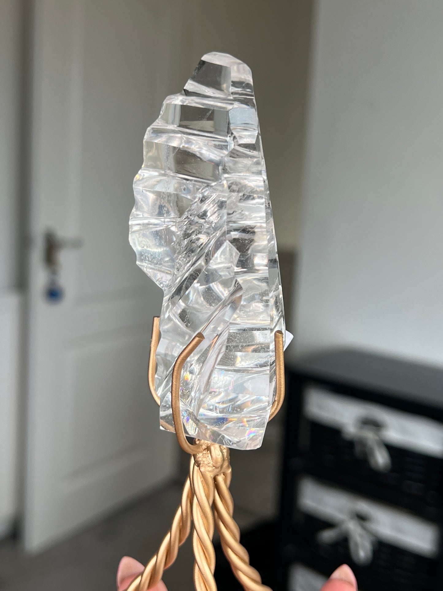 High Grade Brazilian Clear Quartz Sculpture On Gold Twisty Stand