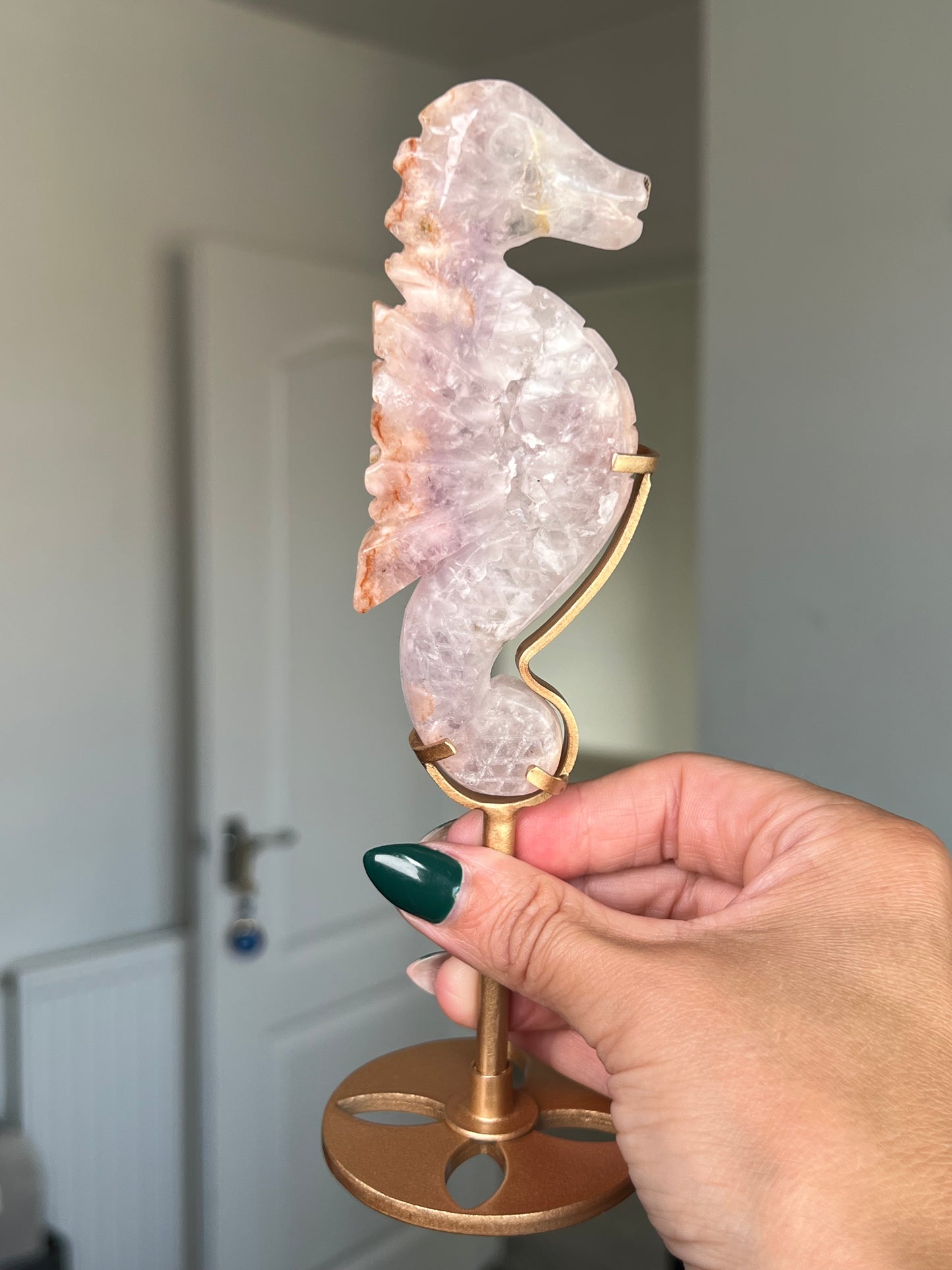 Flower Agate Seahorse On Gold Stand
