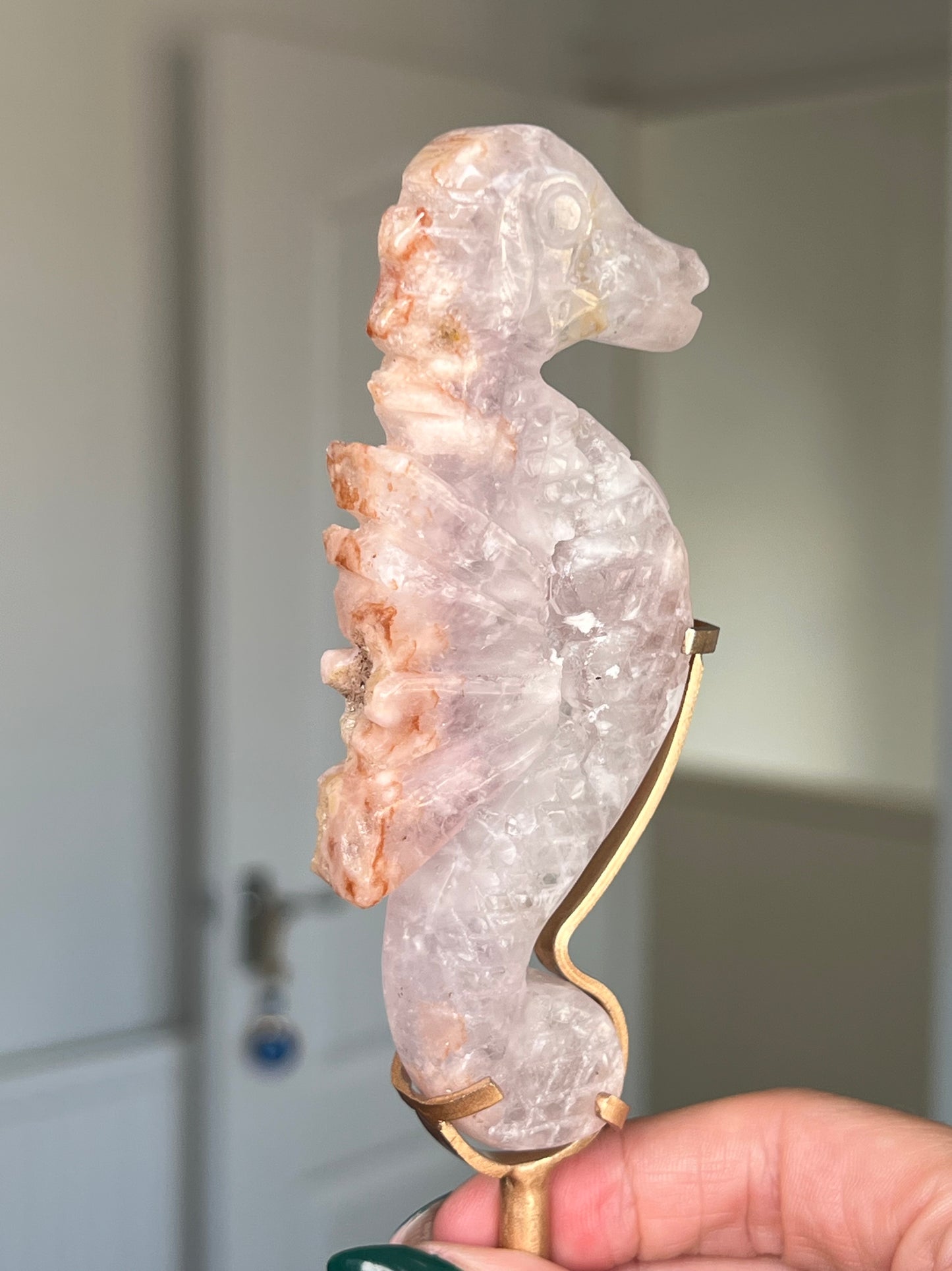 Flower Agate Seahorse On Gold Stand