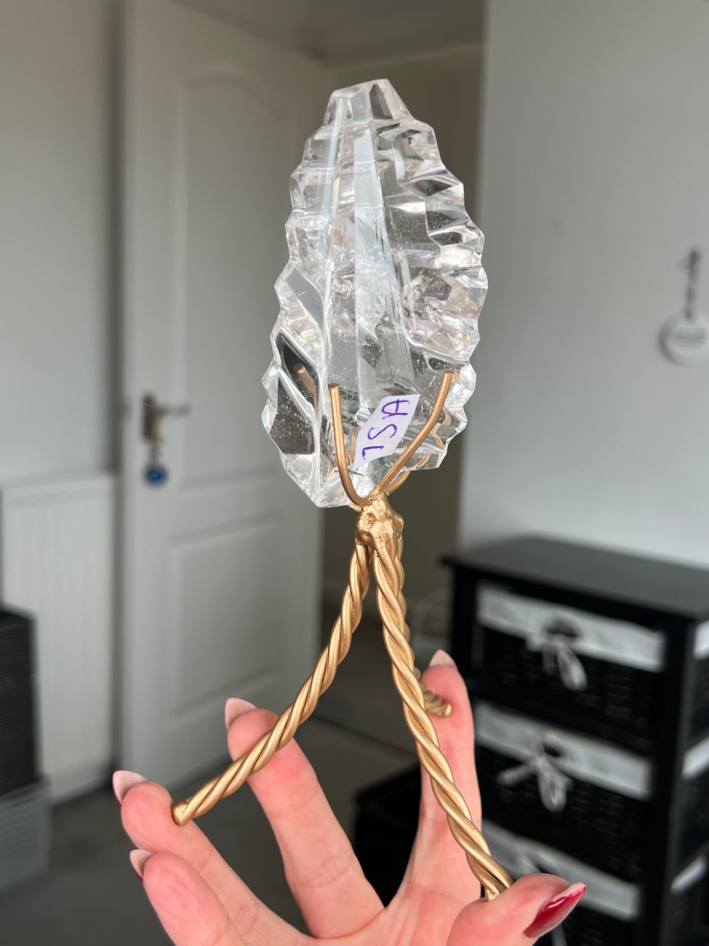 High Grade Brazilian Clear Quartz Sculpture On Gold Twisty Stand