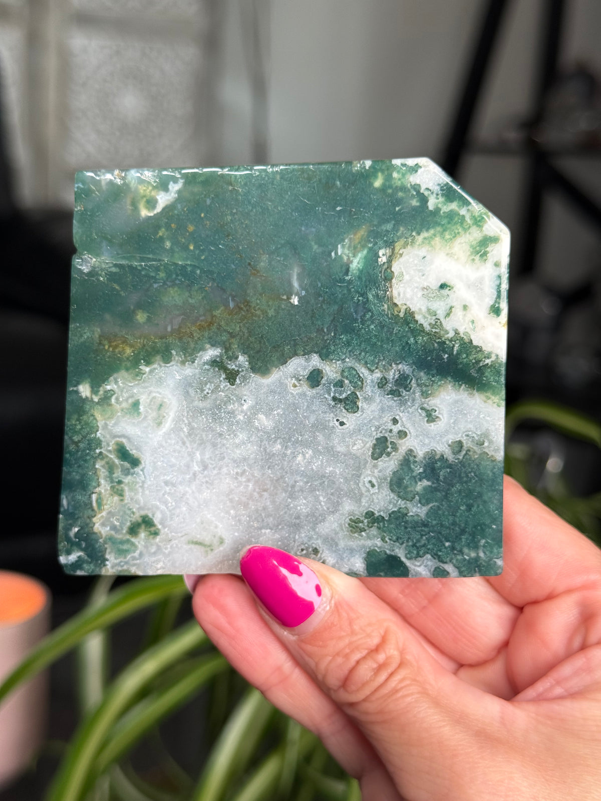Moss Agate Slice With Stand