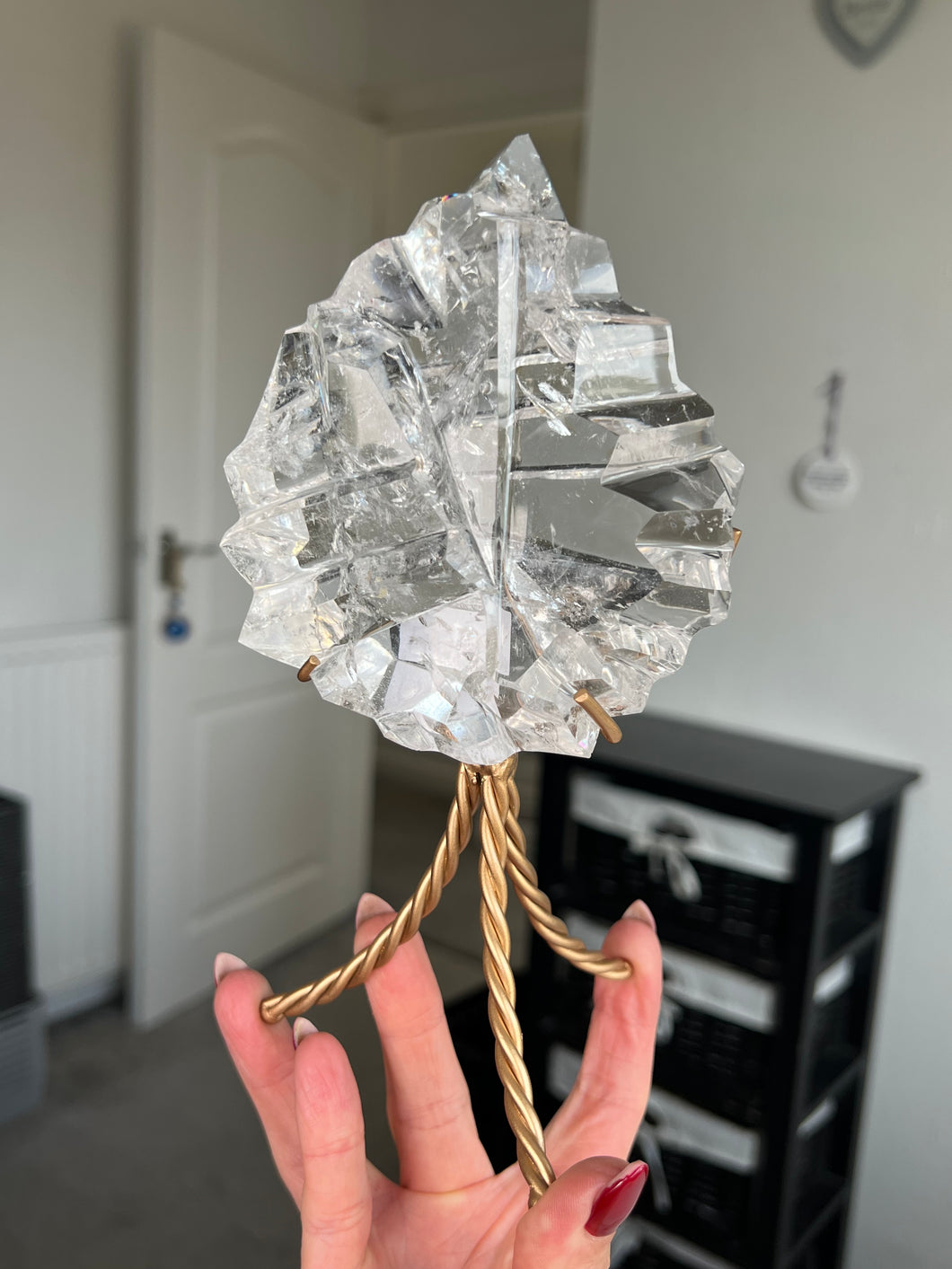 High Grade Brazilian Clear Quartz Sculpture On Gold Twisty Stand