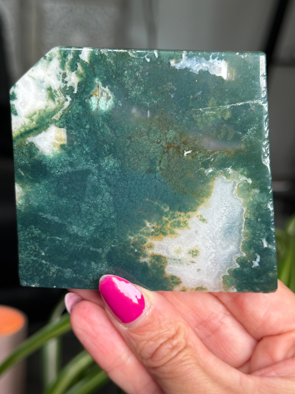 Moss Agate Slice With Stand