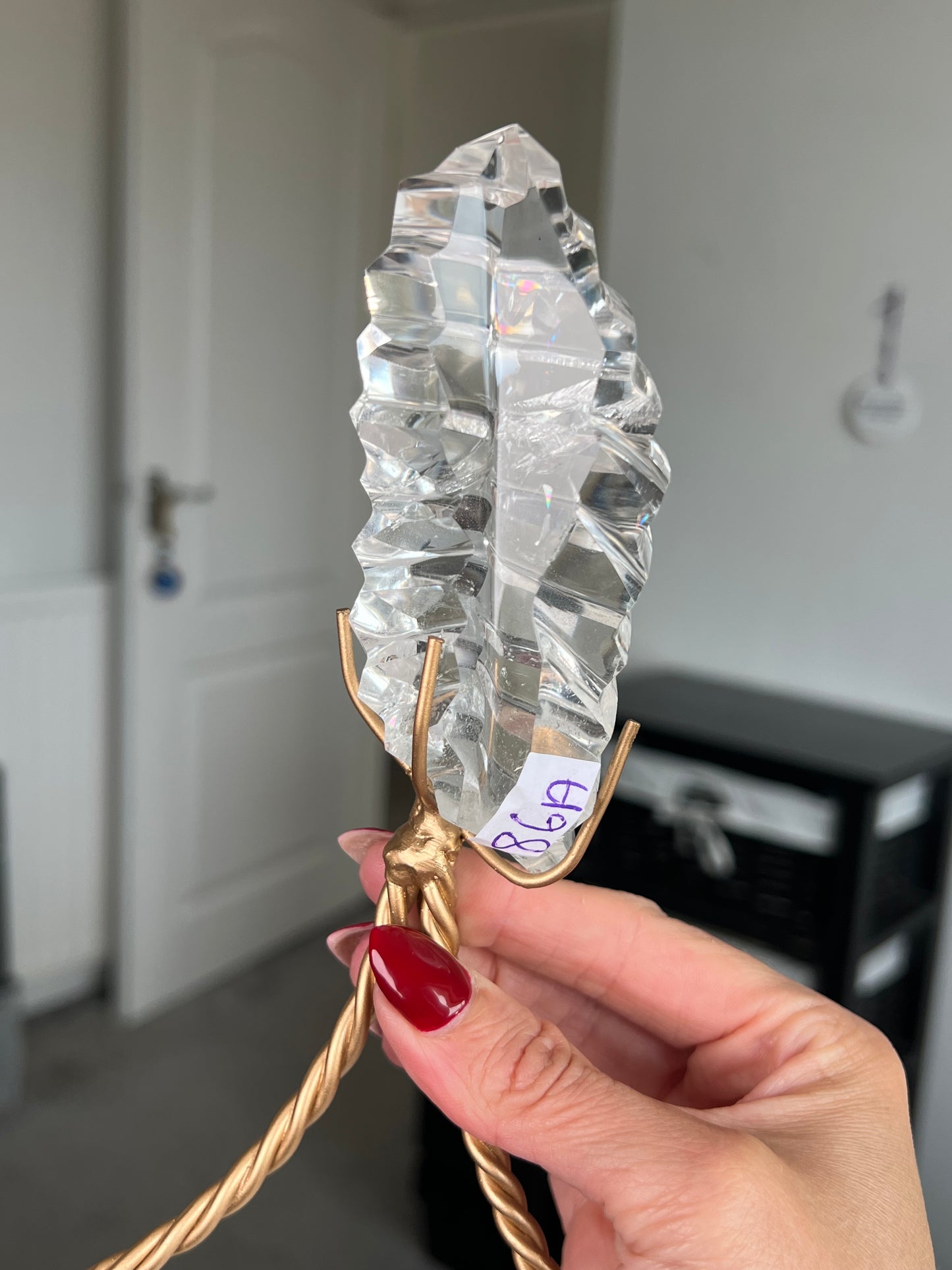 High Grade Brazilian Clear Quartz Sculpture On Gold Twisty Stand