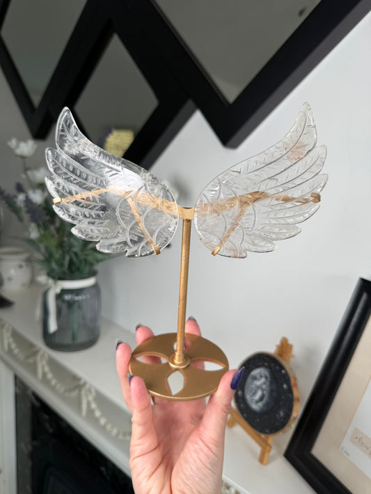 Clear Quartz Wings On Gold Stand