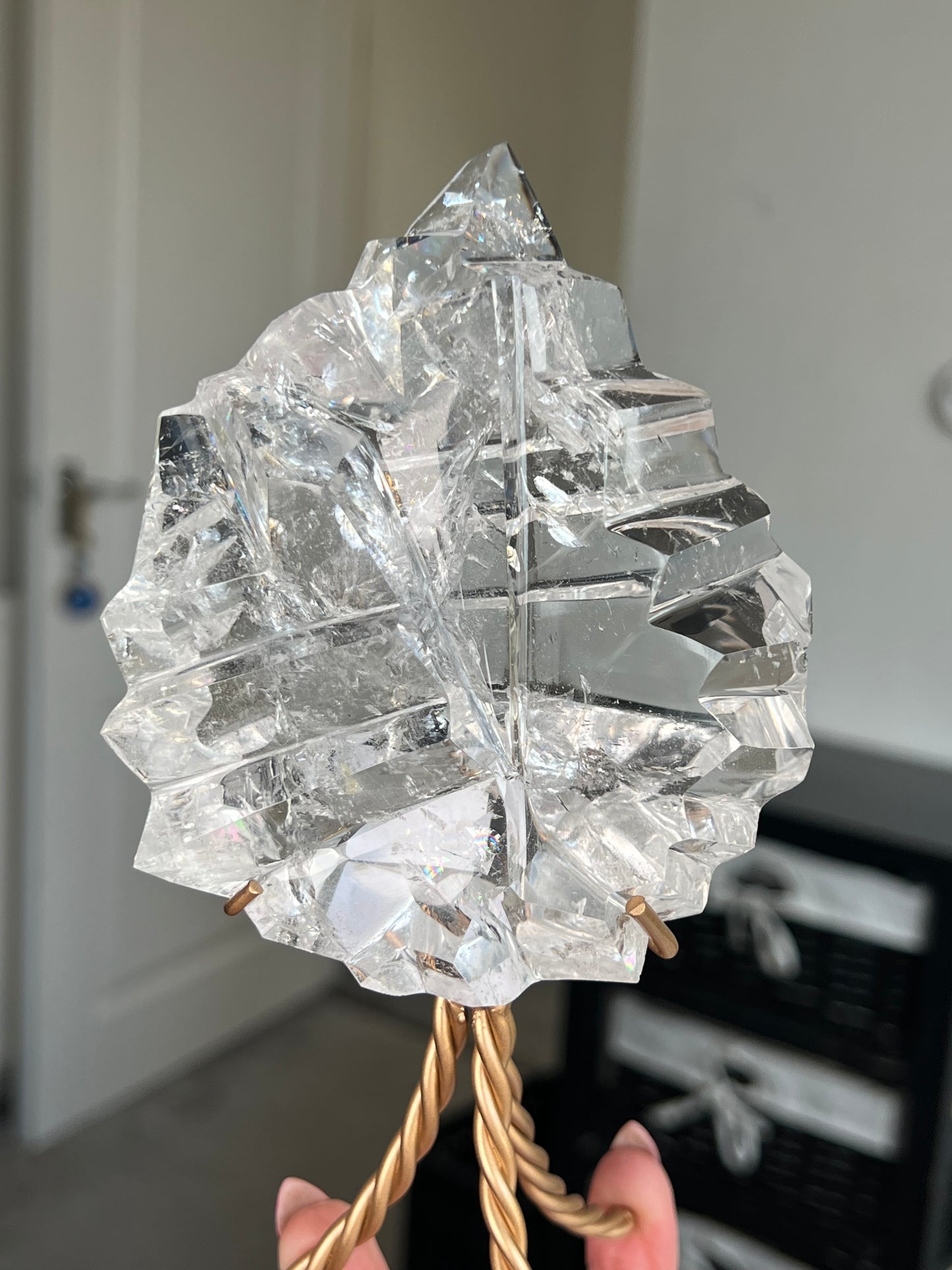 High Grade Brazilian Clear Quartz Sculpture On Gold Twisty Stand