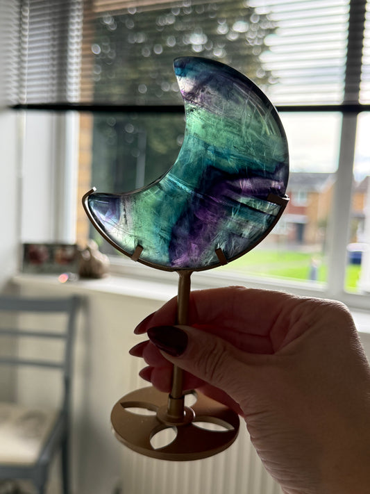 Fluorite Moon On Gold Stand