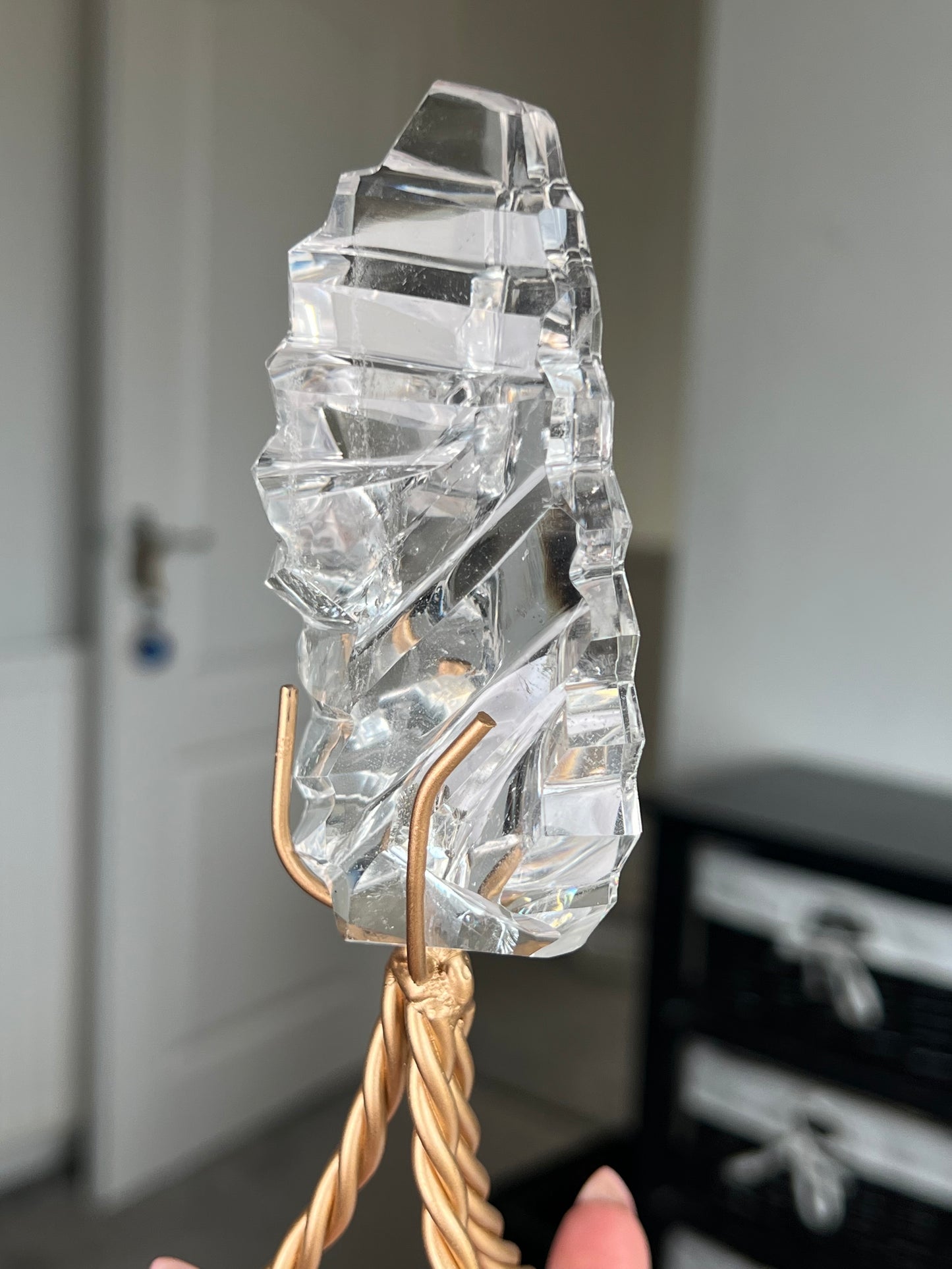 High Grade Brazilian Clear Quartz Sculpture On Gold Twisty Stand