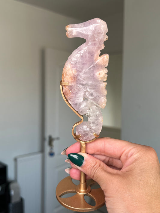 Flower Agate Seahorse On Gold Stand