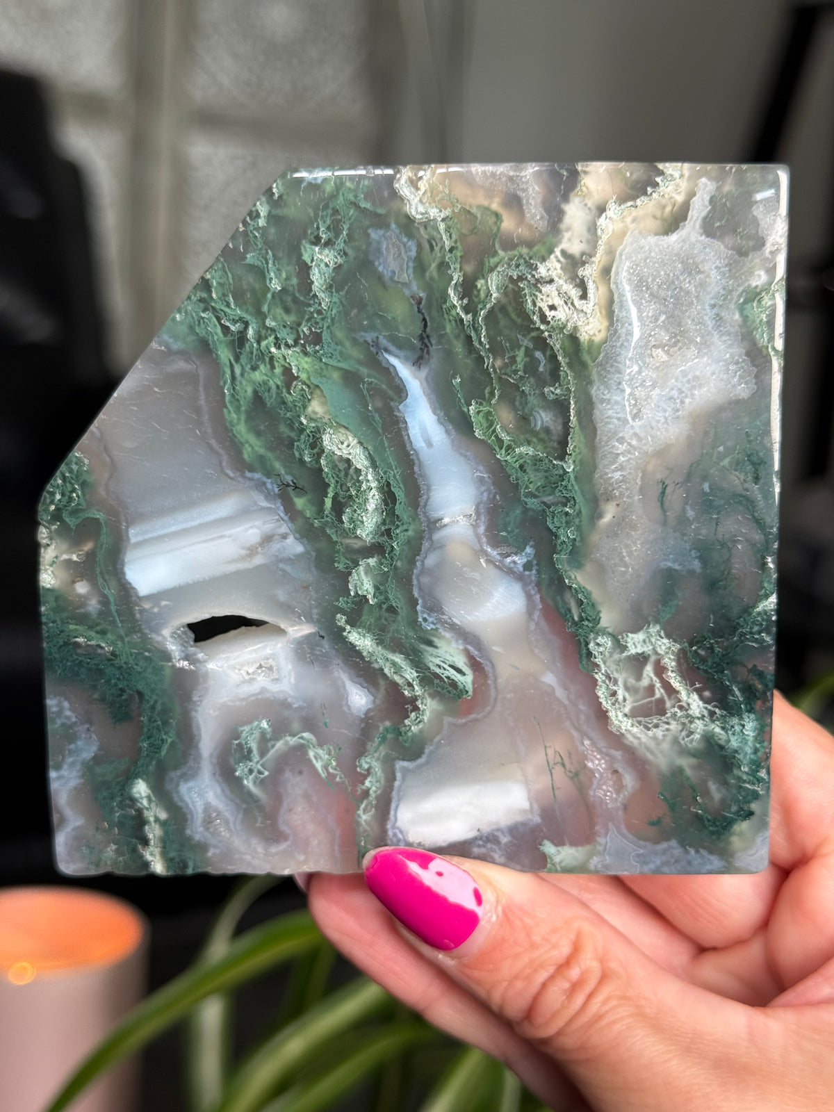 Moss Agate Slice With Stand