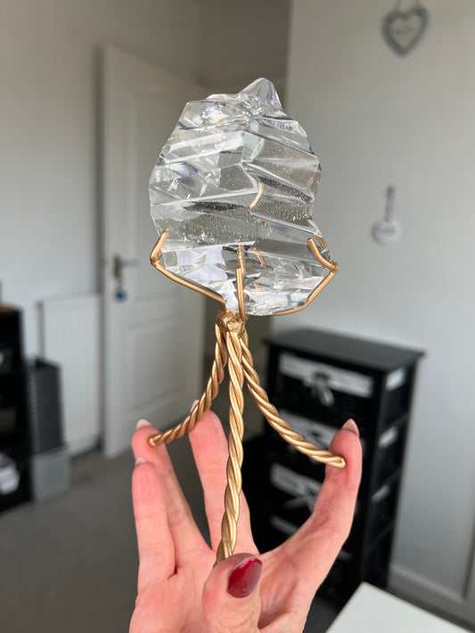 High Grade Brazilian Clear Quartz Sculpture On Gold Twisty Stand
